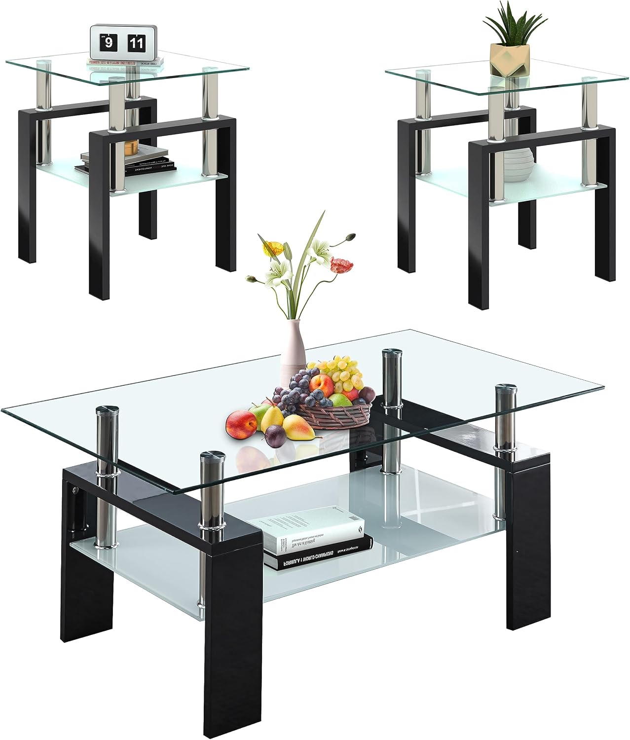 Glass Coffee Table Sets of 3 for Living Room, Mordern End Table Sofa Side Tables with Storage, Black Metal Leg, Rectangle Tempered Center Table Home Furniture Set (Clear)