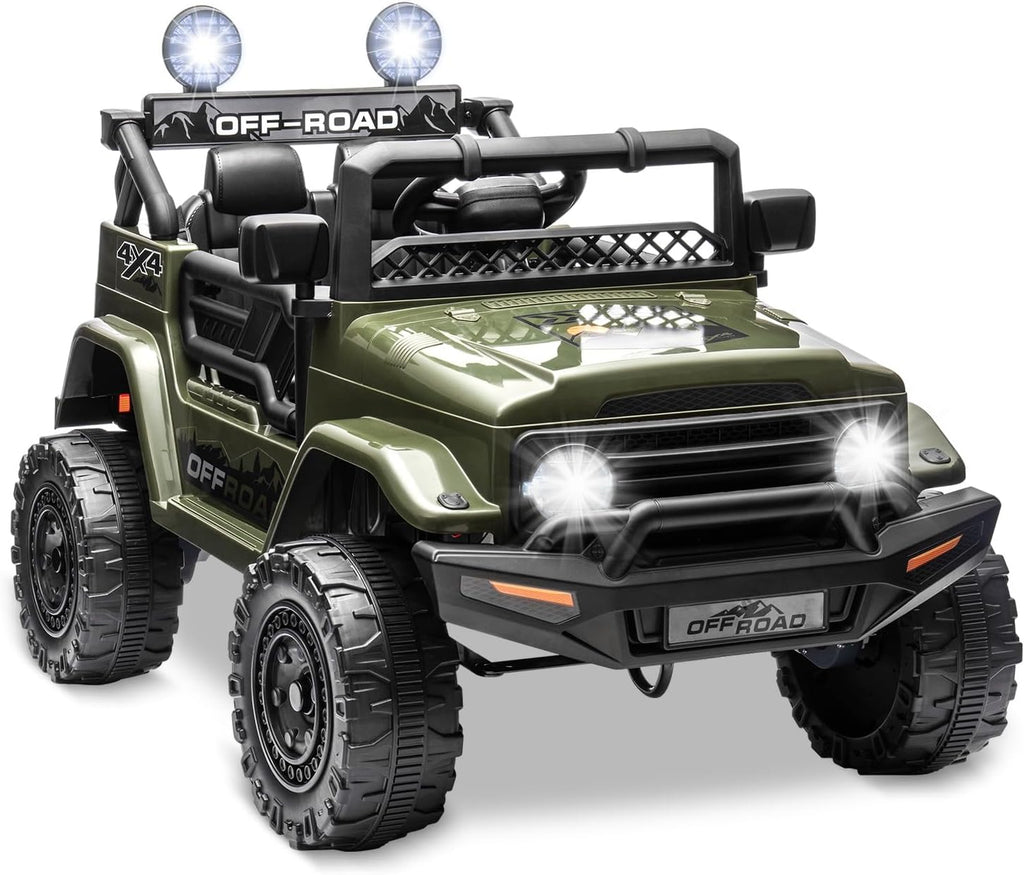 SEHOMY 12V Kids Ride On Truck with Parent Remote, 4 Wheels Battery Powered Electric Car for Kids Toys - 3 Speed, Spring Suspension, LED Lights, Safety Start, Music, Kids Electric Vehicles Dark Green