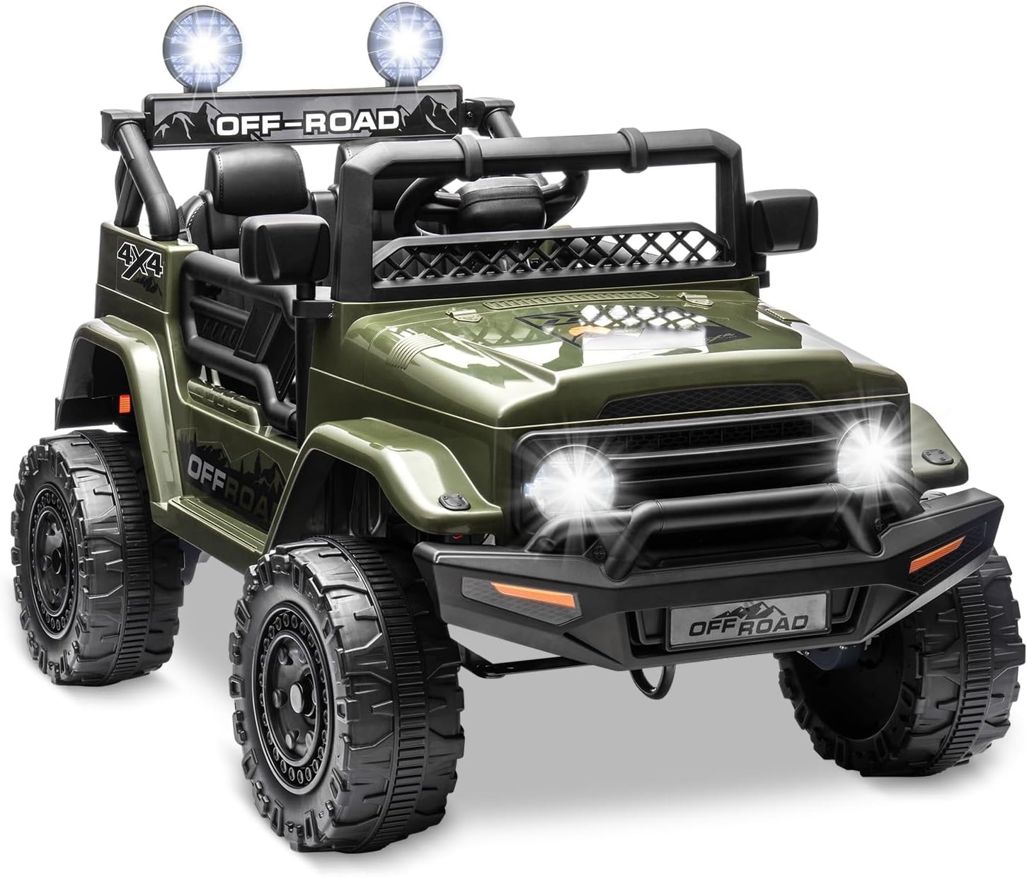 SEHOMY 12V Kids Ride On Truck with Parent Remote, 4 Wheels Battery Powered Electric Car for Kids Toys - 3 Speed, Spring Suspension, LED Lights, Safety Start, Music, Kids Electric Vehicles Dark Green