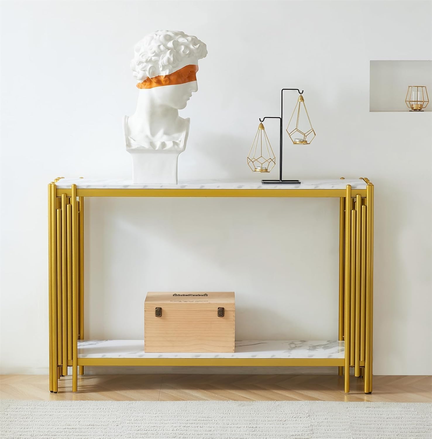 White Marble Coffee Table Set of 2, Faux Marble Coffee Tables and Gold White Console Table with Chrome Metal I-Base, Luxury Marble 2 Piece Living Room Table Set for Bedroom Home Office