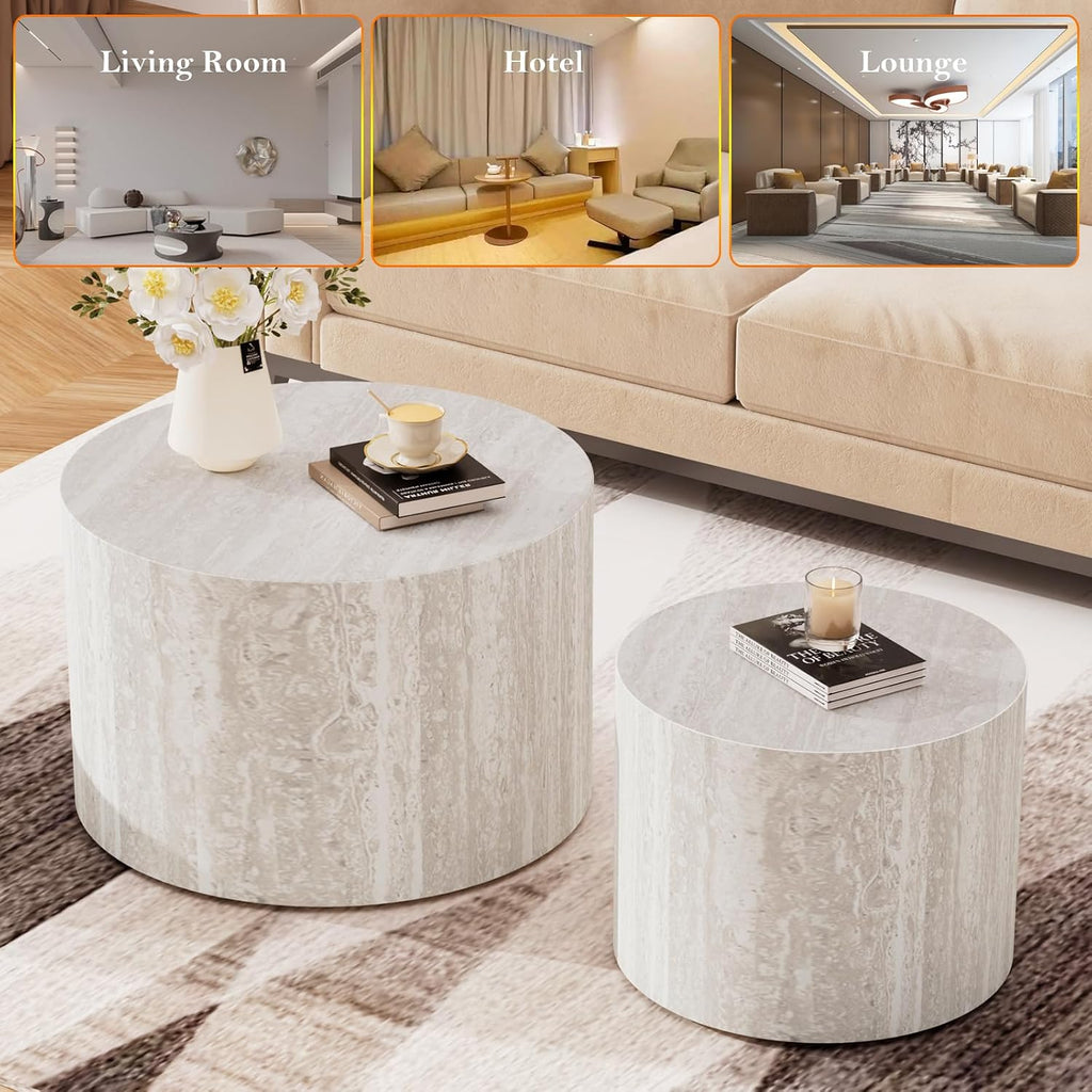 Round Nesting Coffee Table Modern Circular Small Nested End Table - Chic Wood Texture Veneer for Living Room Balcony Study (G 18.1+14.6in)