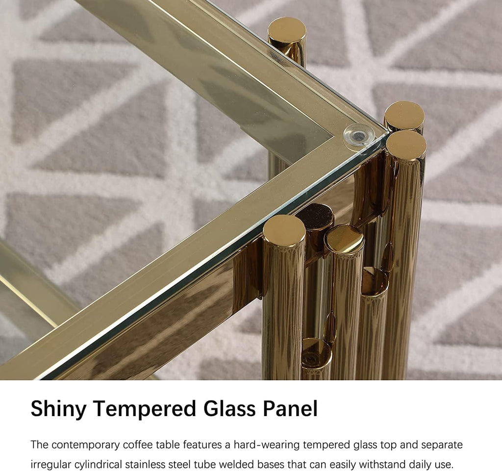 48' Rectangle Glass Coffee Table with Storage, Luxury 2-Tier Living Room Center Table w/Gold Stainless Steel Frame, Modern Clear Glass Coffee Cocktail Tea Table for Home Office
