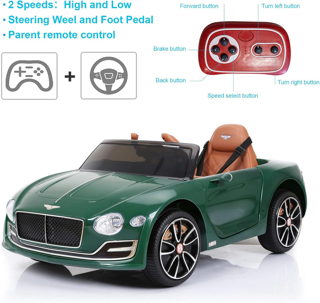 SEHOMY Kids Ride on car with Remote Control 12V, Bentley Style Electric Car Kids Battery Powered Motorized Vehicles with Seat, 2 Speed, LED Lights, MP3, Music, Horn, TF Card, USB Port, Green