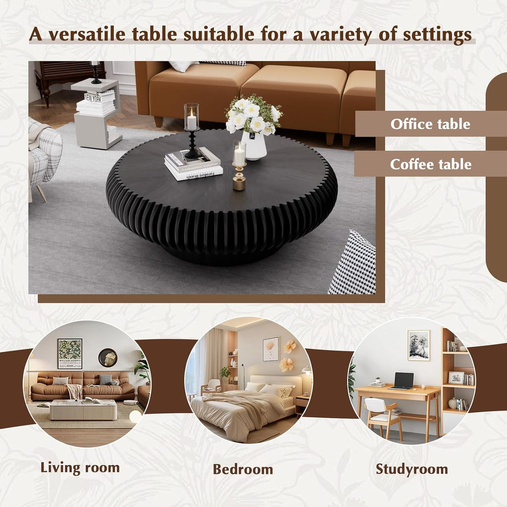 Round Drum Coffee Table Modern Coffee Tables Fluted Coffee Table Circle Center Table Pedestal End Table for Living Room Bedroom (Black 31.5in)