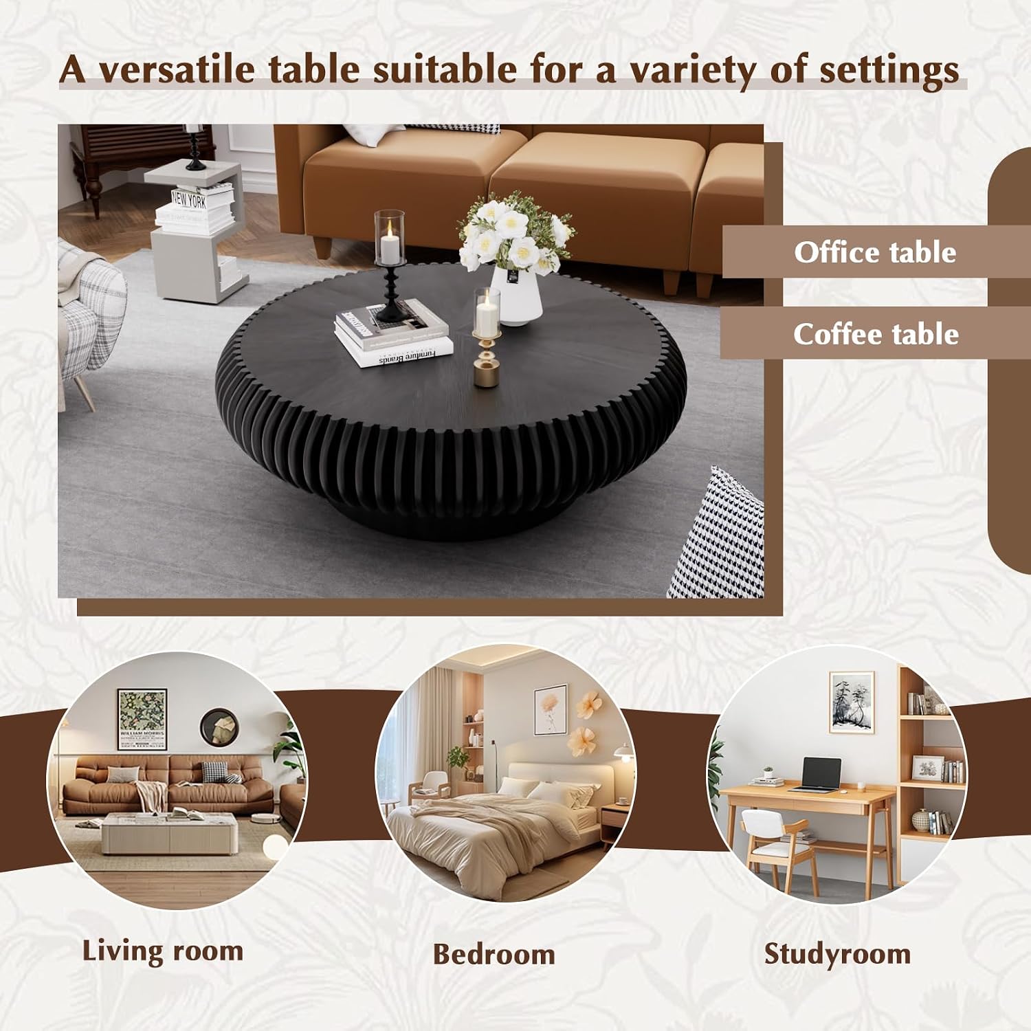 Round Drum Coffee Table Modern Coffee Tables Fluted Coffee Table Circle Center Table Pedestal End Table for Living Room Bedroom (Black 31.5in)