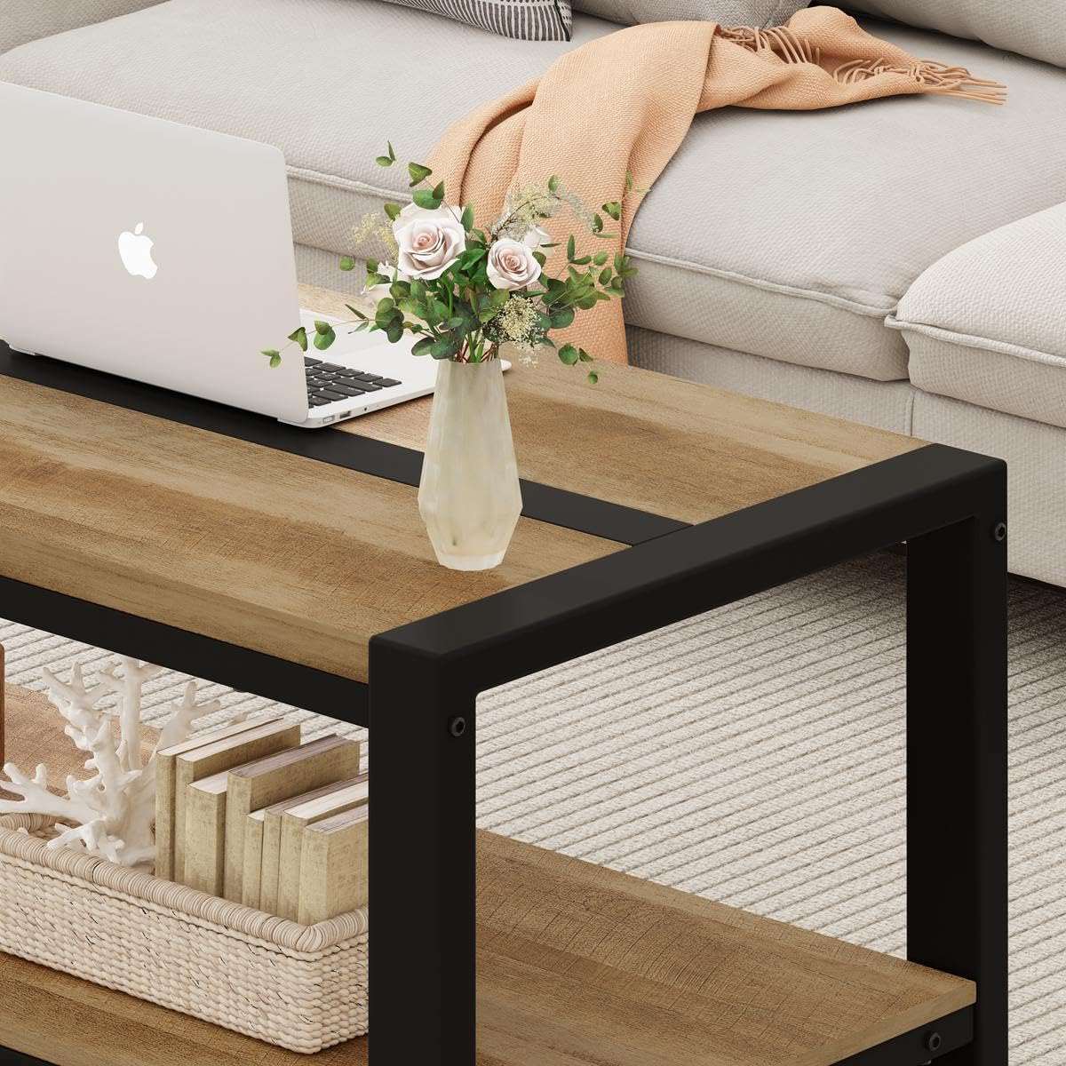 BON AUGURE 43 Inch Coffee Table, Wood and Metal Coffee Tables for Living Room, Rectangle Living Room Table, Small Farmhouse Center Tables for Home Office (Vintage Oak)