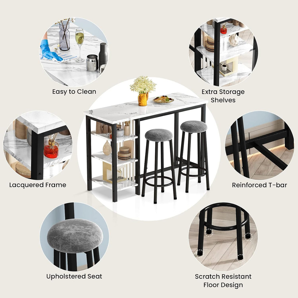 AWQM Bar Table Set with Storage Shelves, 47' Modern White Faux Marble Breakfast Table with 2 Velvet Stools, 3-Piece Dining Set for 2, Space Saving Table for Kitchen/Dining Room/Living Room/Studio