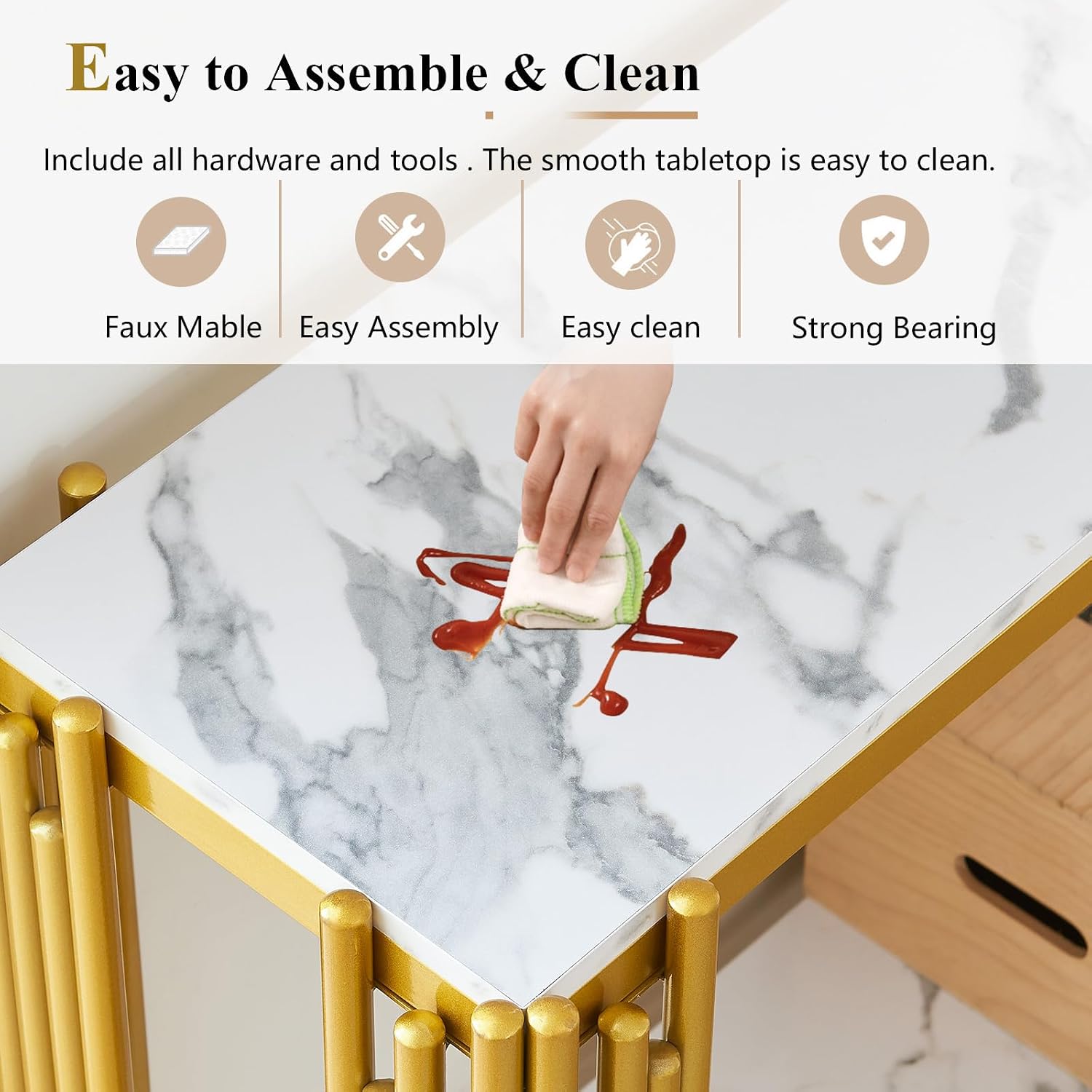 Elegant 2 Tier White Marble Console Table, Luxury Gold Living Room Sofa Table, 48' Long Modern Entryway Table, Golden Hallway Entrance Table with Adjustable Feet