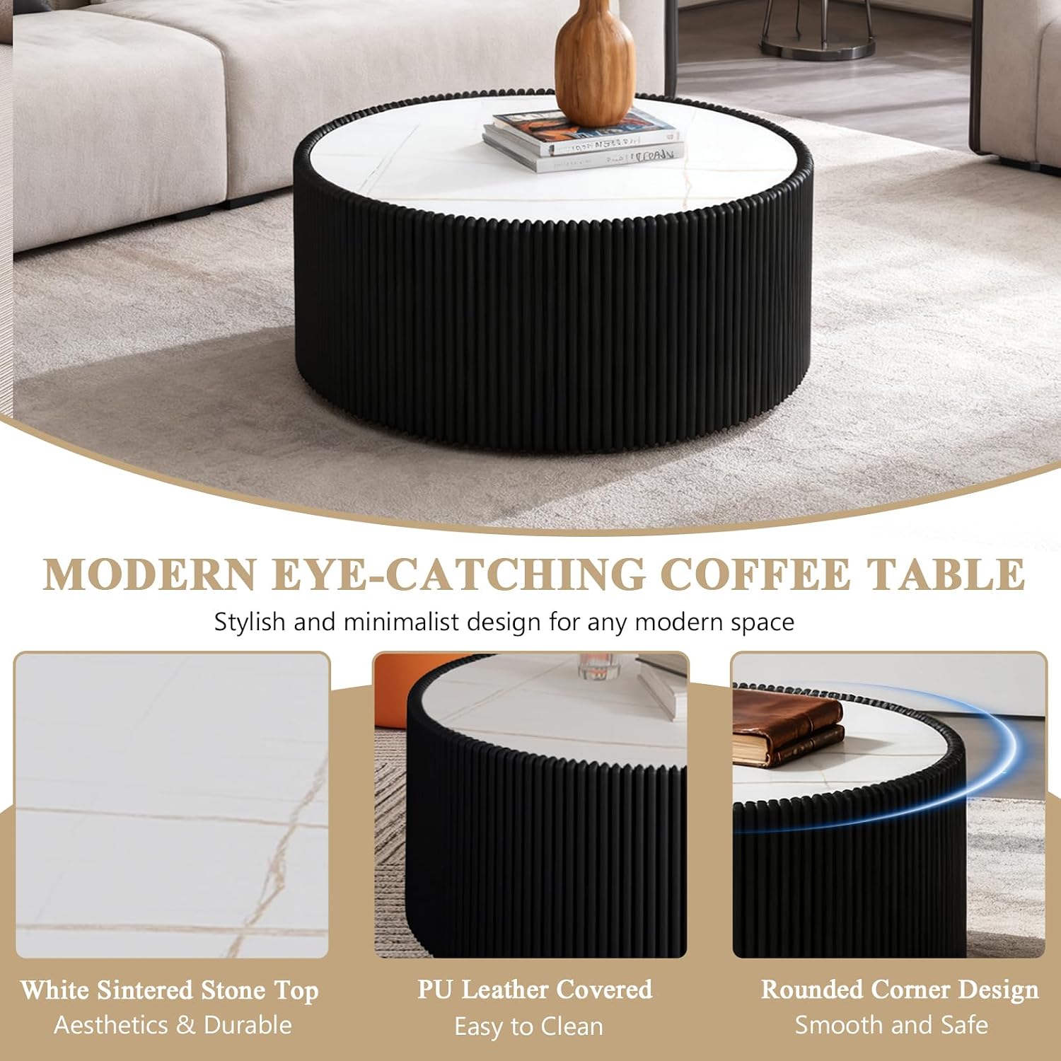 29.52' Round Marble Coffee Table,Modern Fluted Coffee Table w/White Sintered Stone Top & Black PU Leather Covered,Luxury Circle Coffee Cocktail Center Tables for Living Room,No Assembly Required