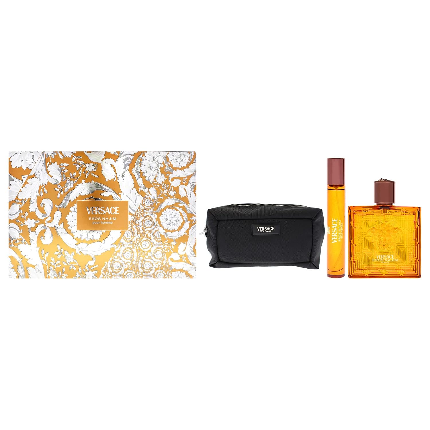 Eros Najim by Versace for Men - 3 Pc Gift Set 3.4oz Parfum Spray, 0.3oz Parfum Spray (Mini), Pouch