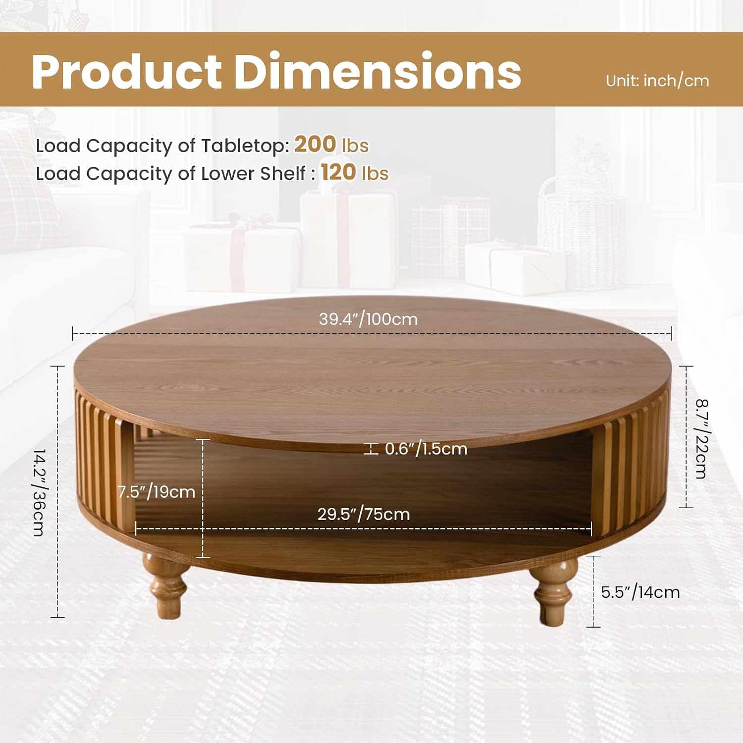 2-Tier Round Coffee Table 39.4' Round Coffee Table with Storage Mid-Century Modern Circle Accent Center Table Farmhouse Low Cocktail Tea Furniture for Living Room Small Spaces (39.4' Round)