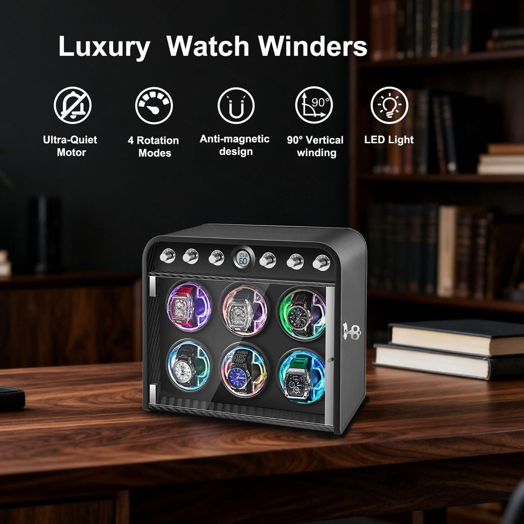 Watch Winder for Automatic Watches, Watch Winders Box 1/2/4/6/9 Slot for Rolex,Silent Motor, 4 Rotation Mode Setting,Built-in led Lights,Gift for Man