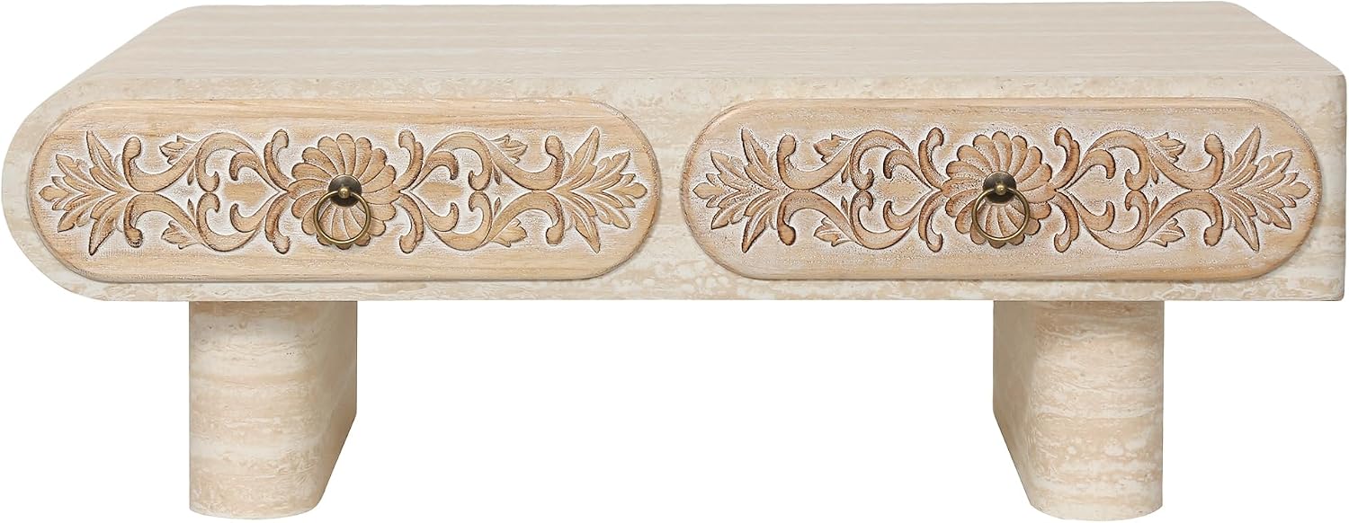 39.5' Faux Mars Coffee Table with Storage, Modern Travertine Coffee Tables with 2 Solid Wood Carved Drawers for Living Room, Rectangular Coffee Center Tea Table with Sturdy Legs for Apartment