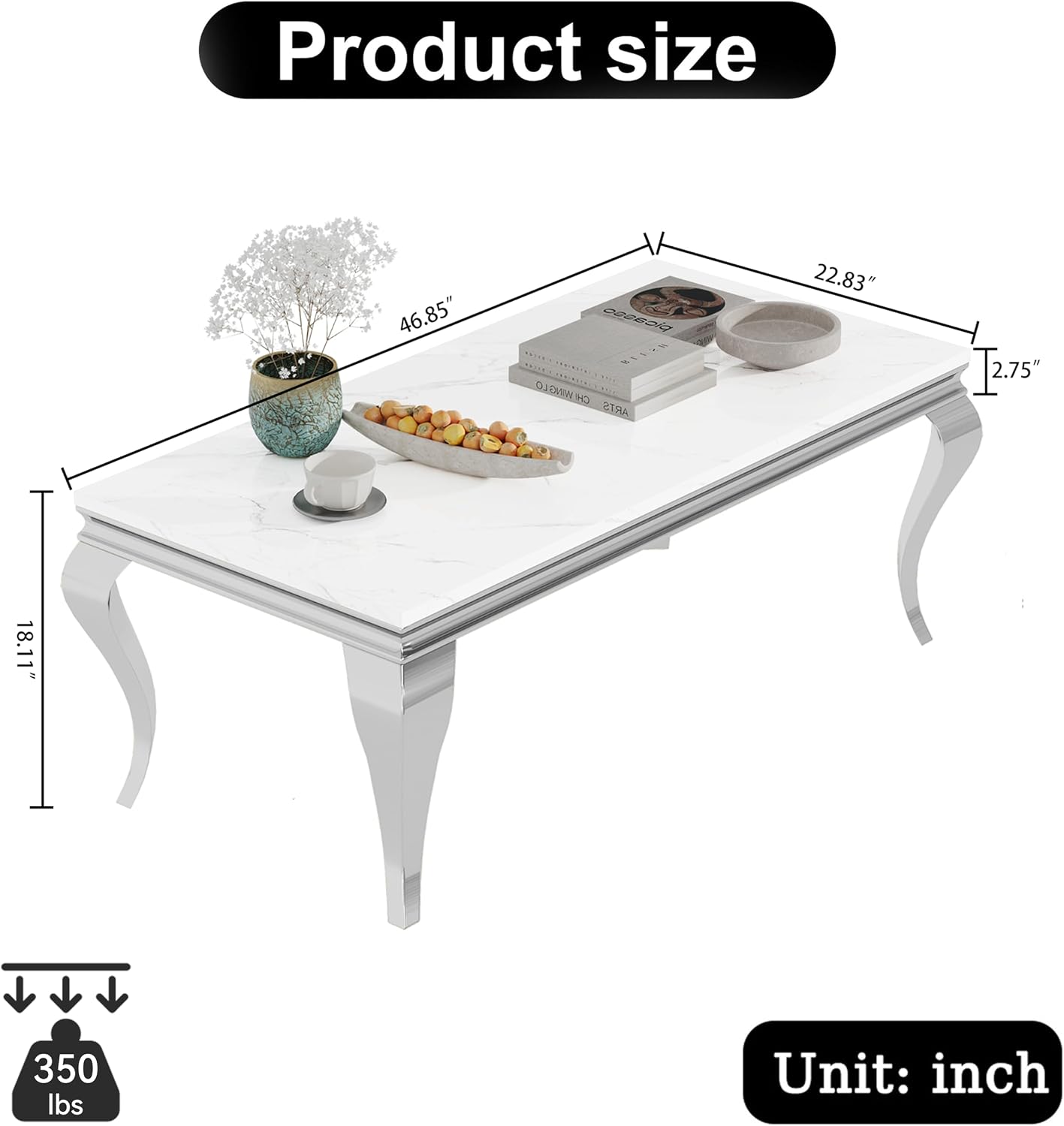 47' Marble Coffee Table for Living Room, Modern White Coffee Table with Silver Stainless Steel S-Shaped Legs, Faux Marble Rectangle Center Table Accent Cocktail Table for Home,Office