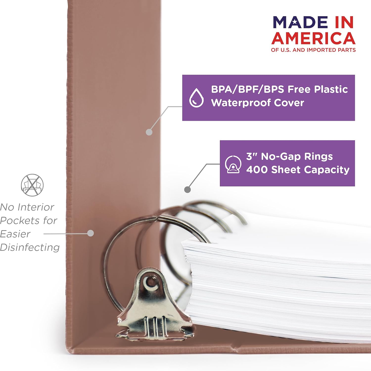 Carstens 3-Inch Heavy Duty 3-Ring Binder - Side Opening, Dusty Rose, Durable Plastic, Precision No-Gap Rings, Waterproof Cover, No Pockets, Holds 400 US Letter Sheets, BPA-Free, Made in USA (1746-3R)