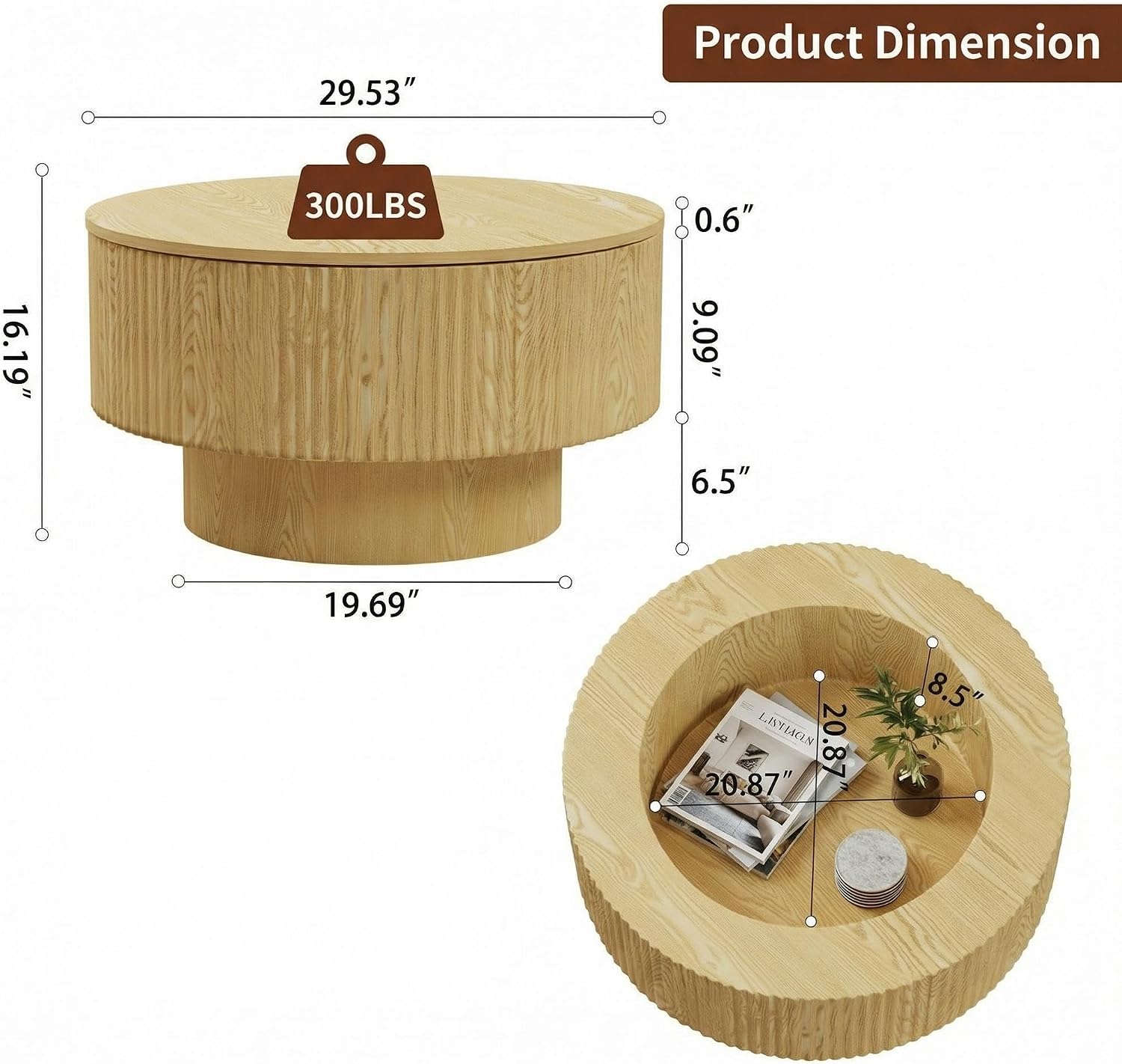 Round Coffee Table, Fluted Coffee Table with Storage, Modern Living Room Table Beside Sofa, Circle Coffee Table for Living Room, Couch, Conference Room
