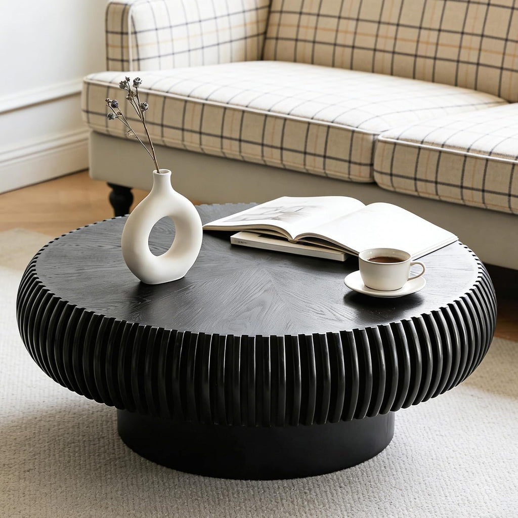 Round Coffee Table for Living Room Modern Black Fluted Coffee Table Round Drum Coffee Tables Low Circle Pedestal Center Table for Small Spaces (A Black, 39.3 in)