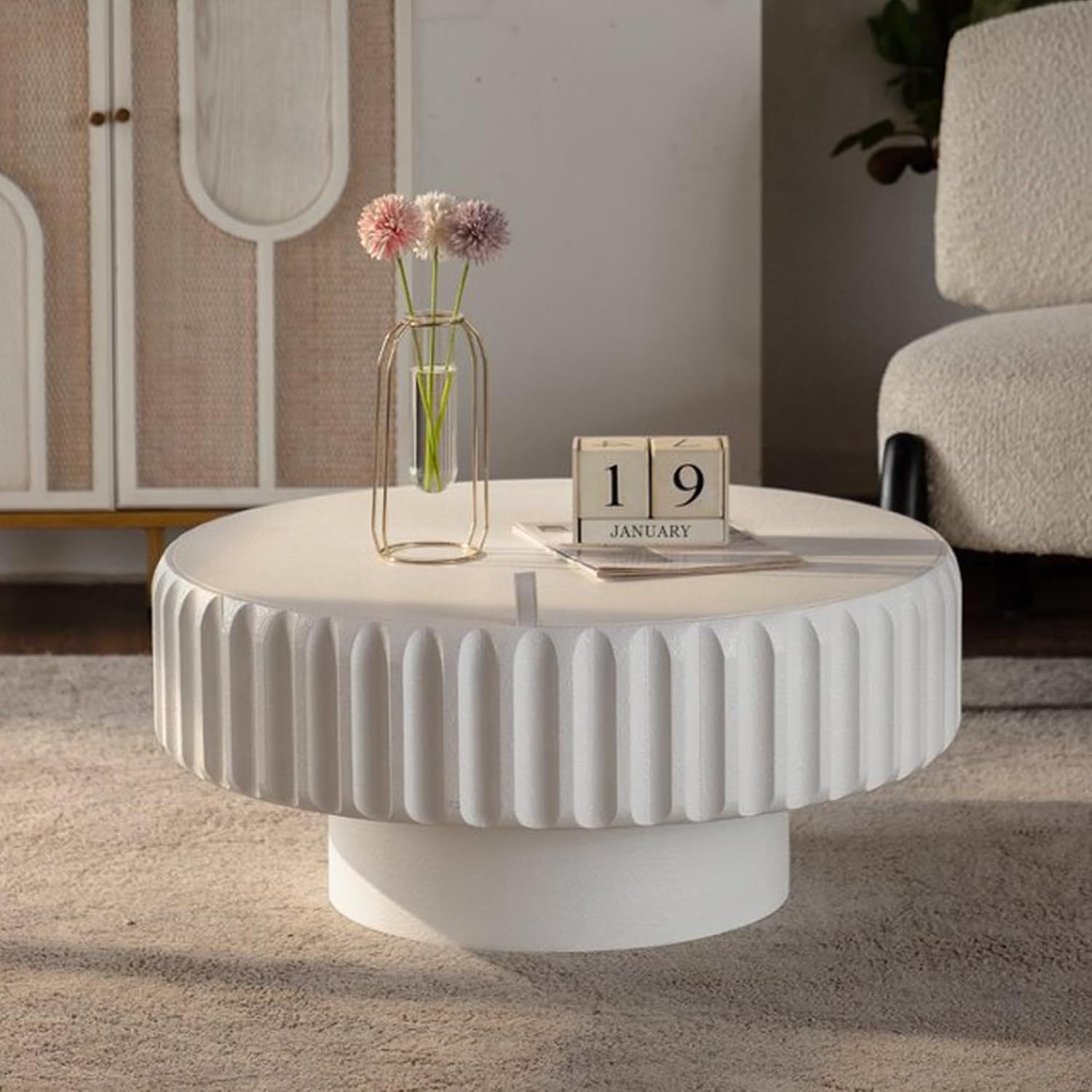31.5' Round Coffee Table with Lift-top Storage Modern White Fluted Coffee Tables for Living Room Circle Drum Center Table Accent Cocktail Tea Living Room Tables for Apartment Home Office
