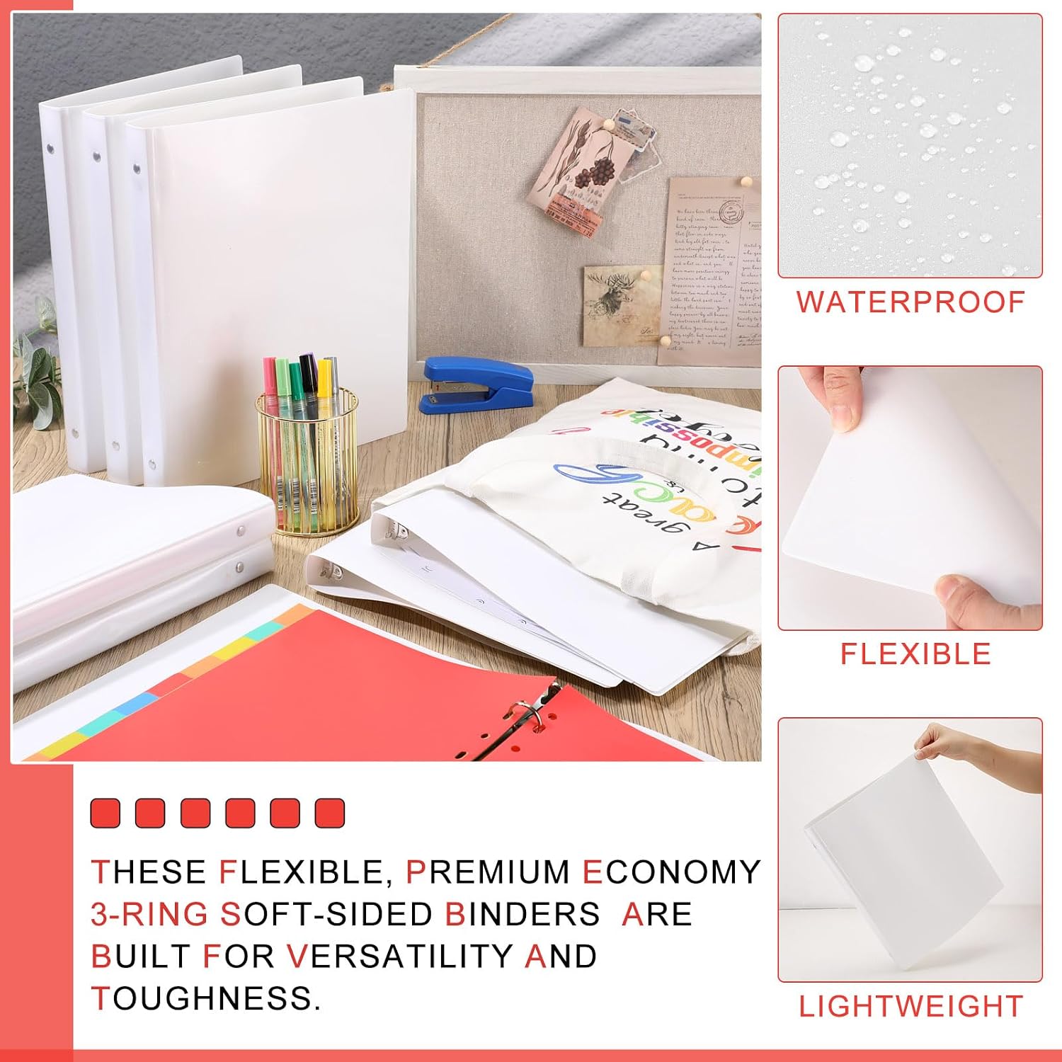Fulmoon 100 Pcs 3 Ring Binders 1 Inch, Plastic Flexible Binders in Bulk with 2 Interior Pockets,Hold 175 Sheets with Clear Cover for Office, Home, and School(White)
