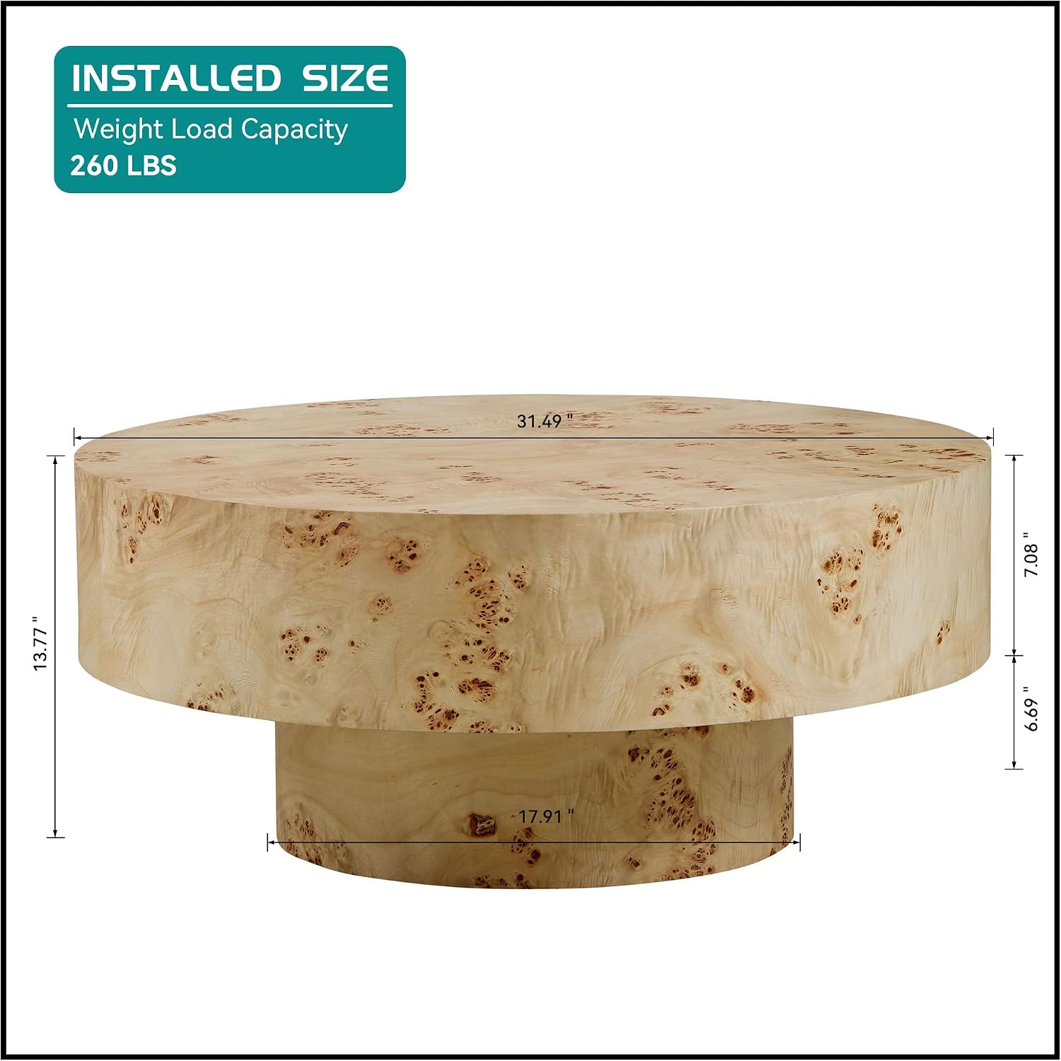31.49'' Round Coffee Table Modern Wood Coffee Table for Living Room, Contemporary Circle Fluted Drum Pedestal Style, Burl Wood Veneer, Easy Assembly, Natural (ø31.49'' x 13.77'')