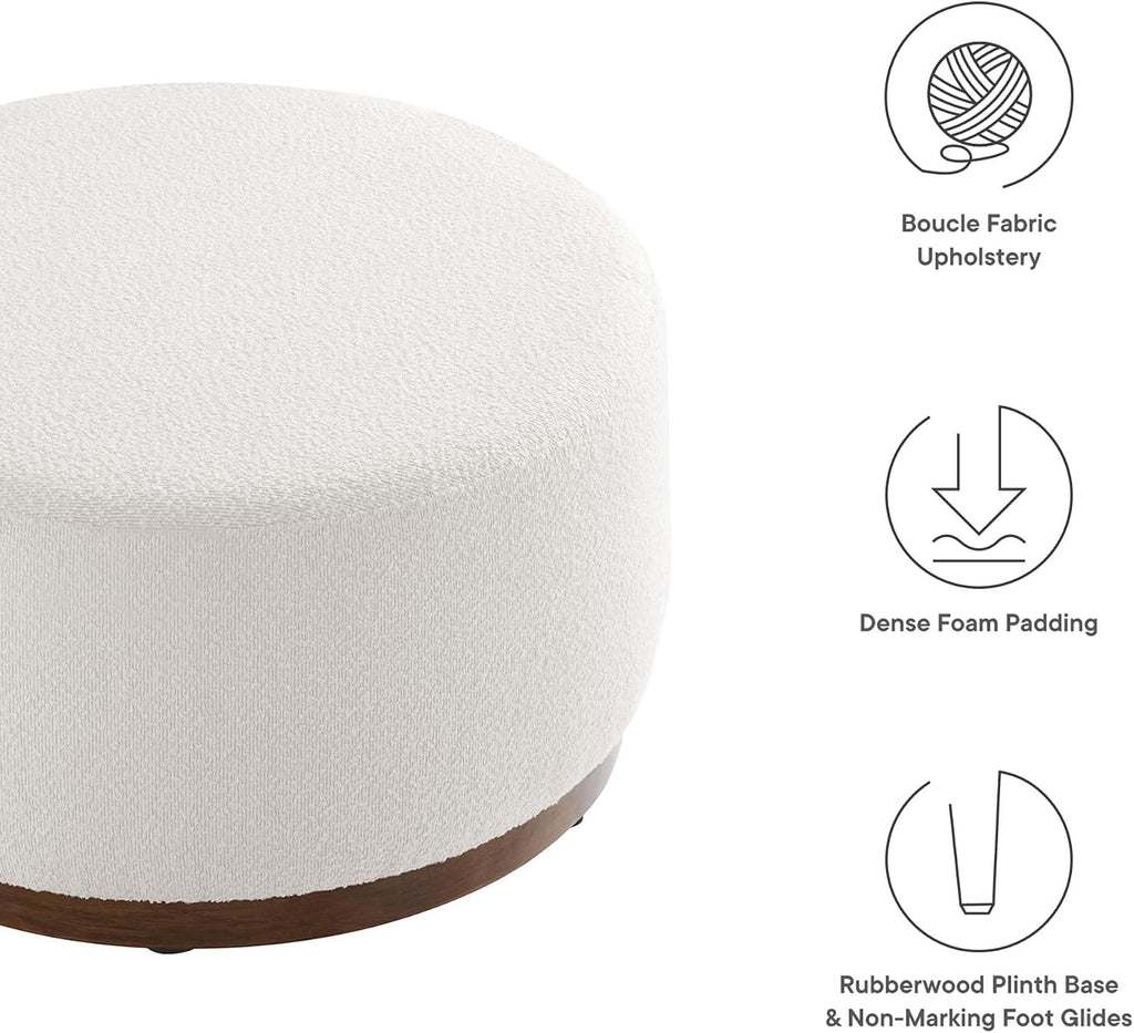 Modway Tilden 29 Inch Round Boucle Upholstered Ottoman in Cloud Walnut - Round Ottoman Coffee Table for Living Room - Large Ottoman Foot Rest with Rubberwood Plinth Base