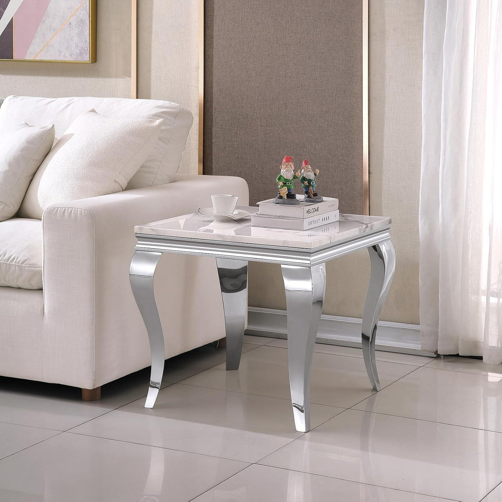 White Marble Coffee Table Set of 2, Modern Faux Marble Coffeee Table and End Side Table, Luxury 2 Piece Living Room Table Set with Silver Stainless Steel S-Shape Legs for Apartment Home Office
