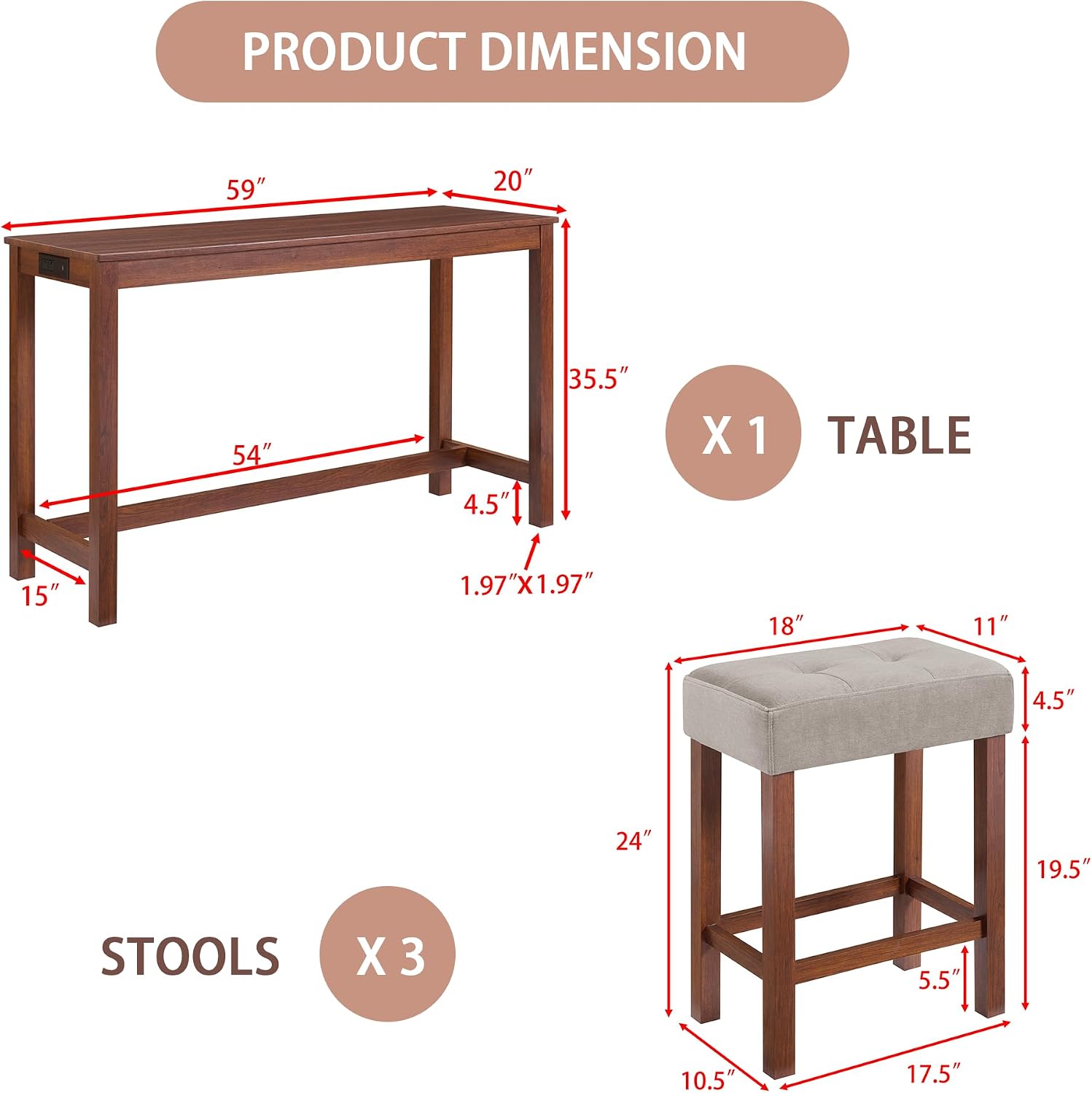 Merax 59 Inch Industrial Bar Table Set with Power Outlet & 3 Stools, Kitchen Dining Table with Charging Station, Counter Height Workstation for Small Space,Cherry