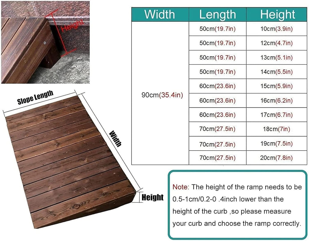 Threshold Ramp Wheelchair Ramp Solid Wood Threshold Ramp Entrance Transition Scooter Ramp for Doorway Home Roadside Slope Non-Slip Kerb Ramps Anti-Slip (Size : 90x70x20cm)
