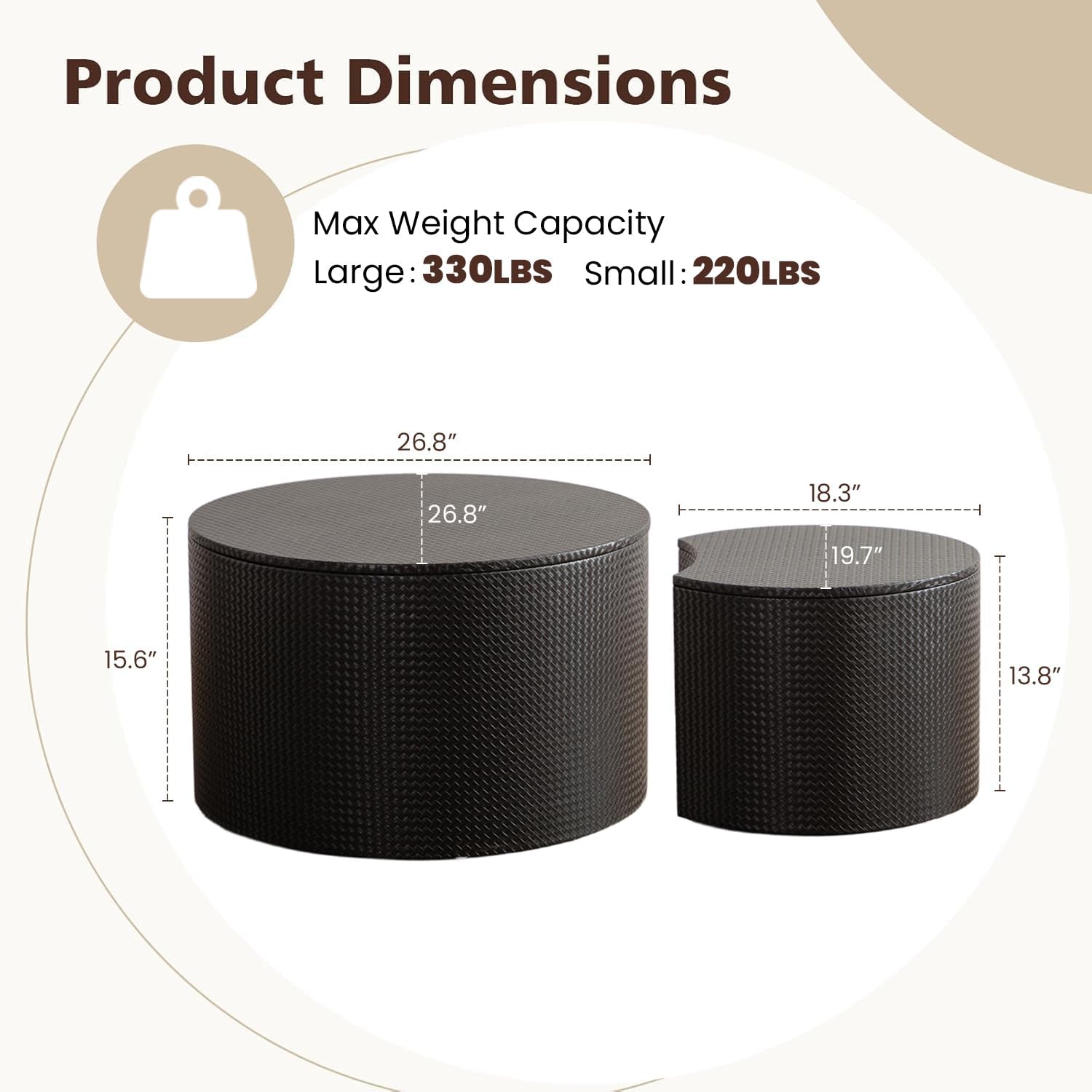 WXFKLDJ Nesting Coffee Tables Set of 2 Leather Finish Round Coffee Tables with Storage Wood Frame Drum End Side Table for Small Space Living Room Bedroom No Assembly Needed (Black with Storage)