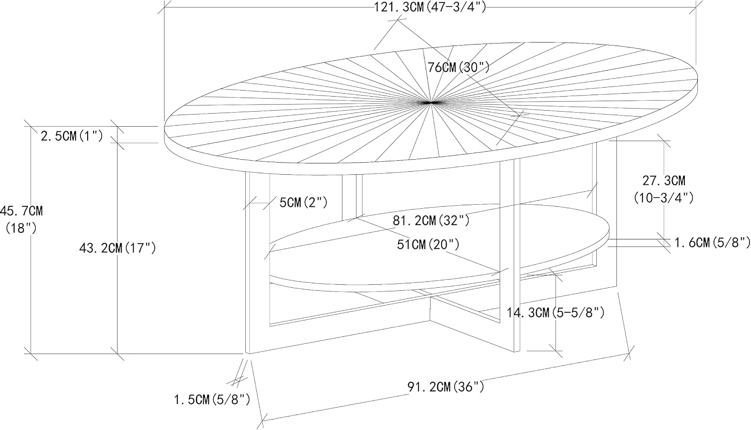 Wood Oval Coffee Table for Living Room, 2 Tier Circle Rustic Coffee Table with Storage Shelf ＆ Metal Legs for Apartment, Easy Assembly (Espresso,47' Dx30 Wx18 H)