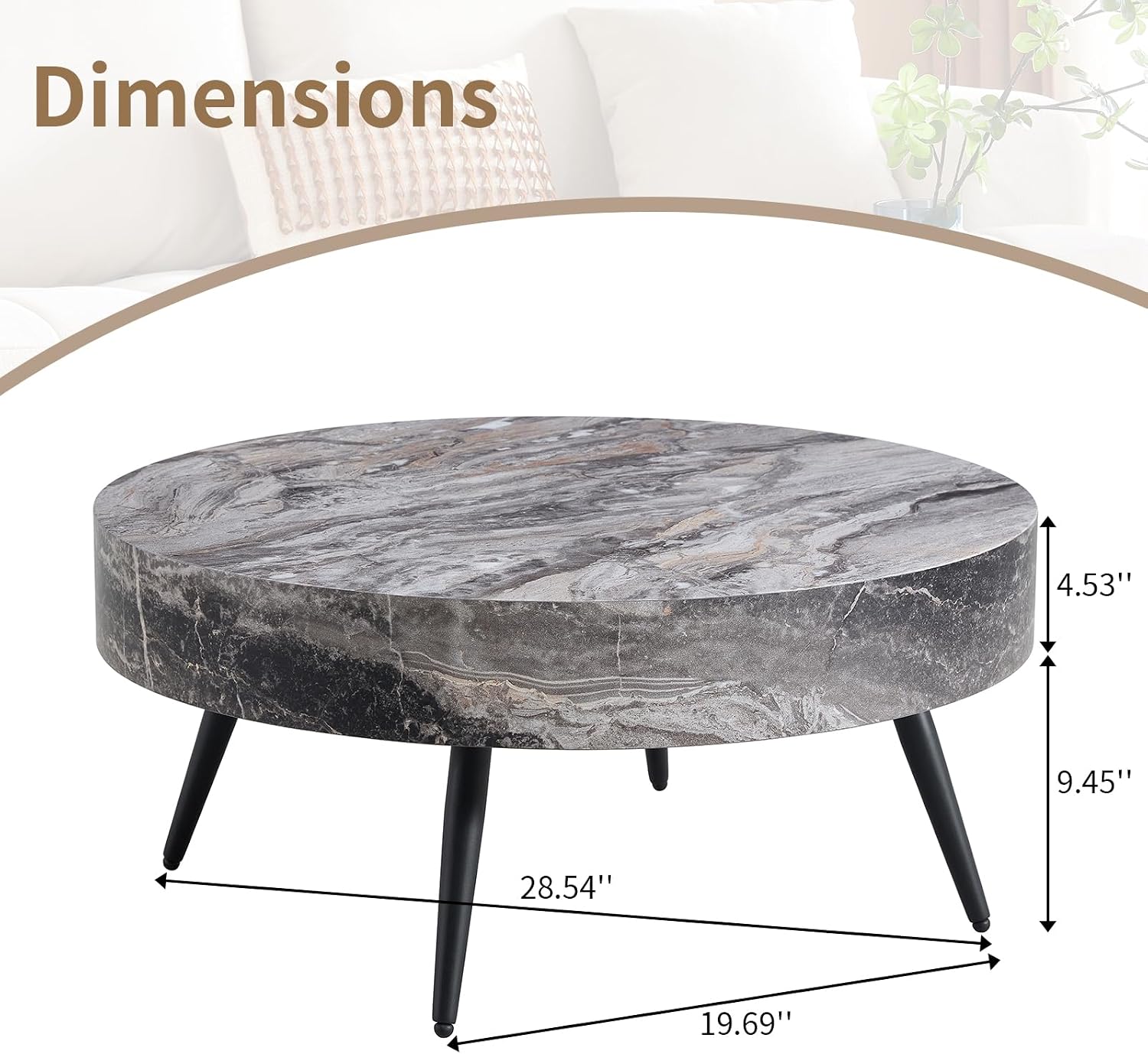 Round Coffee Table, Small Wood Marble Coffee Table with Storage, Modern Mid Century Circle Tables Accent Center Tables for Living Room Apartment Small Space (31.5''D-Marble Grey)
