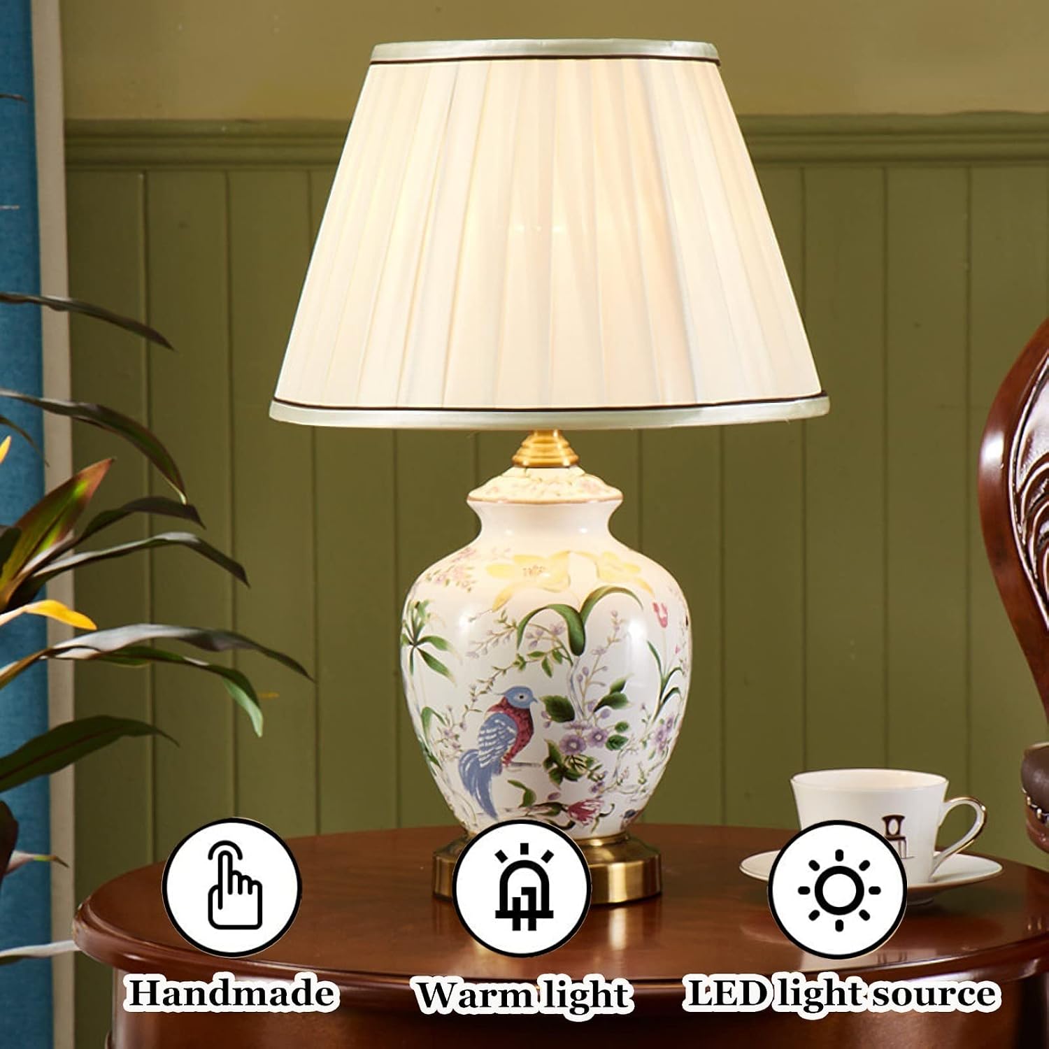 Chinoiserie Ceramic Table Lamp, American Flower&Bird LED Bedside Lamp, Classic White Fabric Lampshade Desk Nightstand Lamp for Bedroom Living Room Office College Bookcase