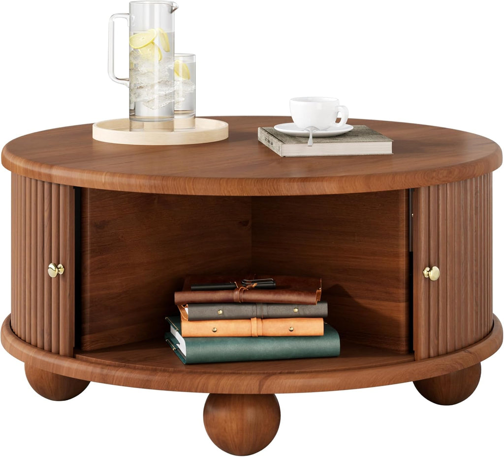 31.8'' Round Coffee Table with Storage Space for Living Room, Modern Fluted Wood Circle Coffee Table, Smooth Sliding Door, Walnut