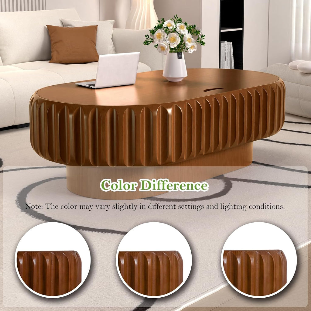 43.3' Oval Drum Coffee Table with Storage Rustic Chic Fluted Center Table - Handcraft Solid Wood Veneer Edge for Living Room Farmhouse (C 43.3in)