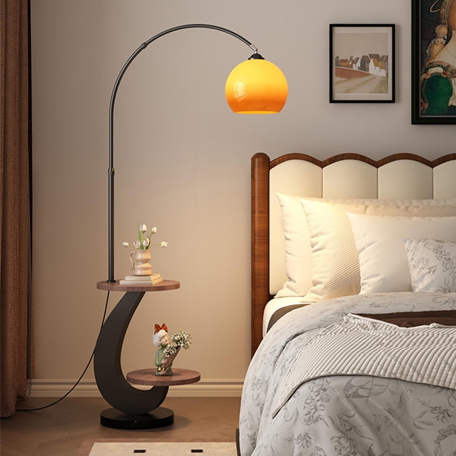 Bofea-Arc Floor Lamps for Living Room,Black Floor Lamp with Table | Wood End Side Table with Lamp,Adjustable Orange Lamps Over Sofa,Warm Lighting,Mid Century Standing Light for Couch
