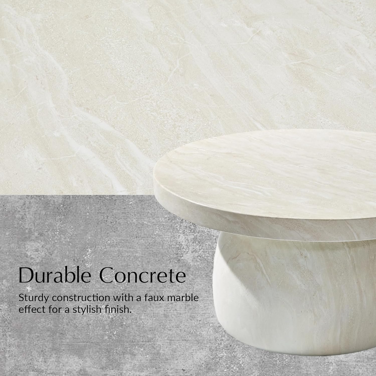 HULALA HOME Modern Marble Coffee Table, 31.5 Inch Round Coffee Table with Marble Concrete Base, for Living Room, with Tabletop, Easy Assembly, Beige