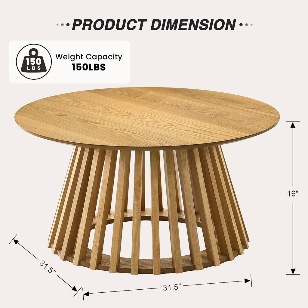 HNY Modern Round Coffee Table for Living Room, Mid Century Wood 31.5' Circle Small Center Table with Wooden Fluted Base for Home Small Space, Bedroom, Apartment, Studio, Natural