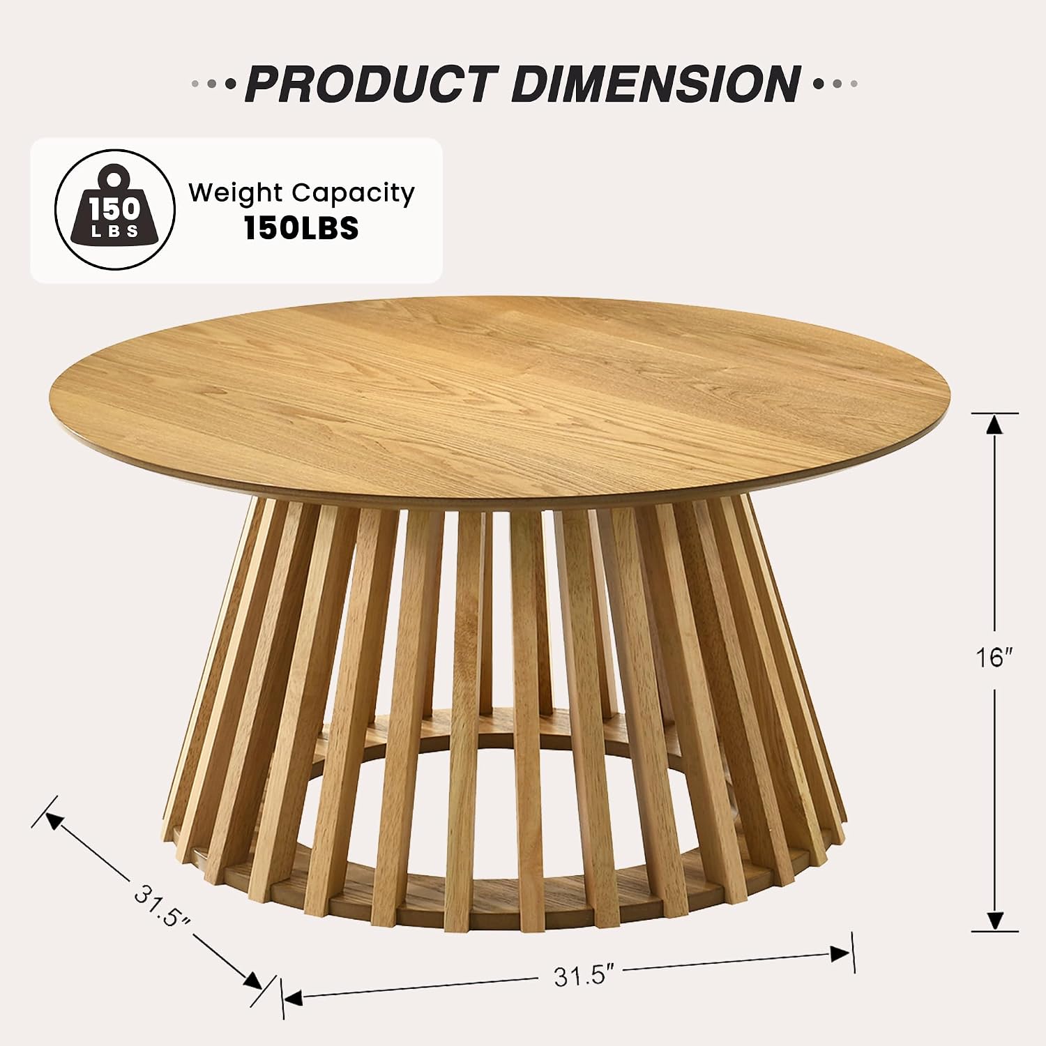 HNY Modern Round Coffee Table for Living Room, Mid Century Wood 31.5' Circle Small Center Table with Wooden Fluted Base for Home Small Space, Bedroom, Apartment, Studio, Natural