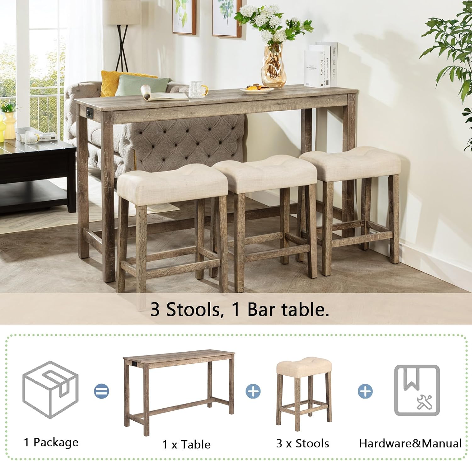 Merax 4 Piece Bar Table Set with Power Outlet,Behind Sofa Couch Table with 3 Linen Fabric Padded Saddle Seat Stools,for Living Room,Dining Room（Brown+Beige）