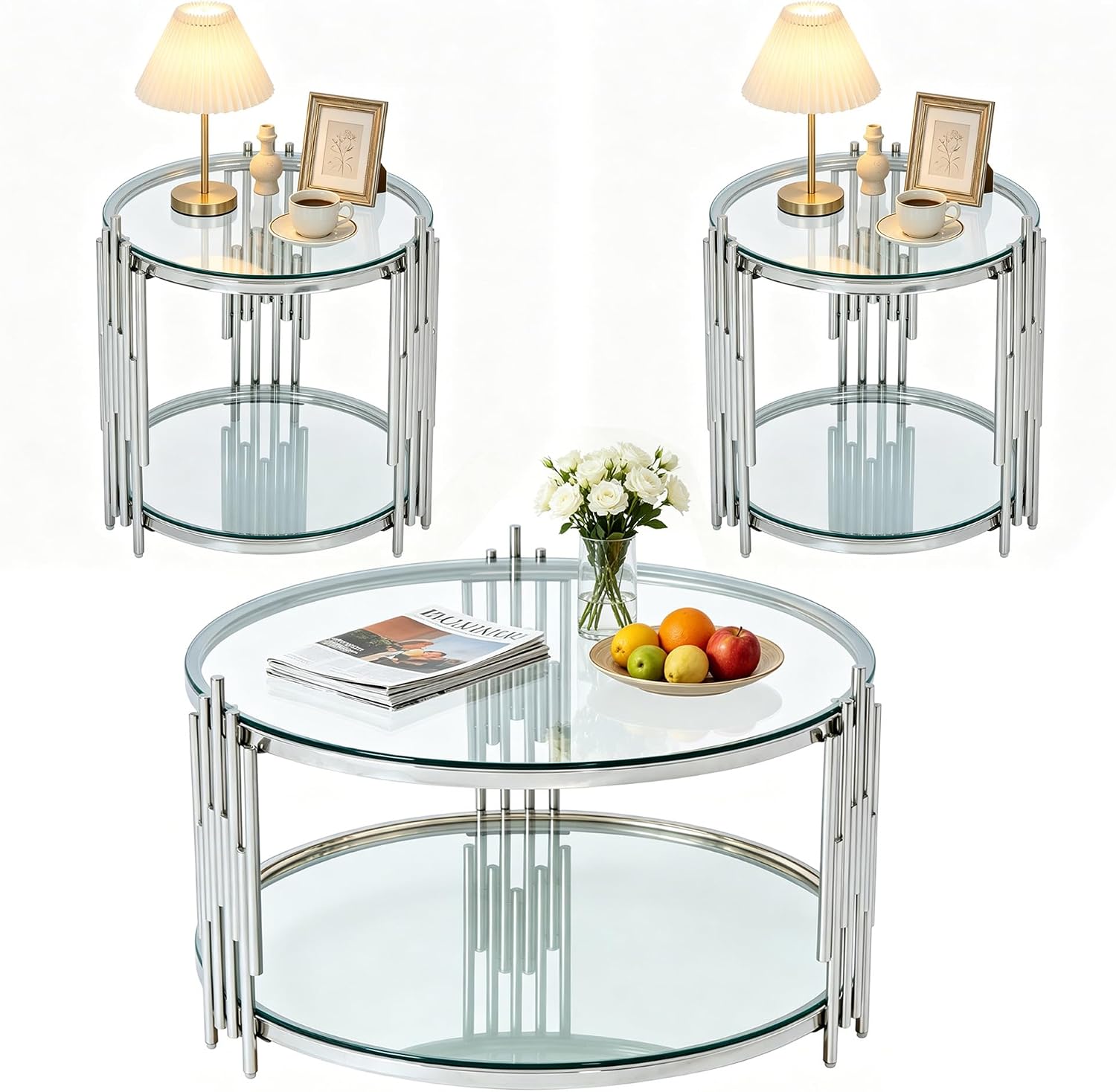 Round Coffee Table Set of 3 Modern Circle Glass Coffee and 2 End Table Sets with Stainless Steel Frame 3 Pieces Living Room Center Table Sofa Side Table for Home Office