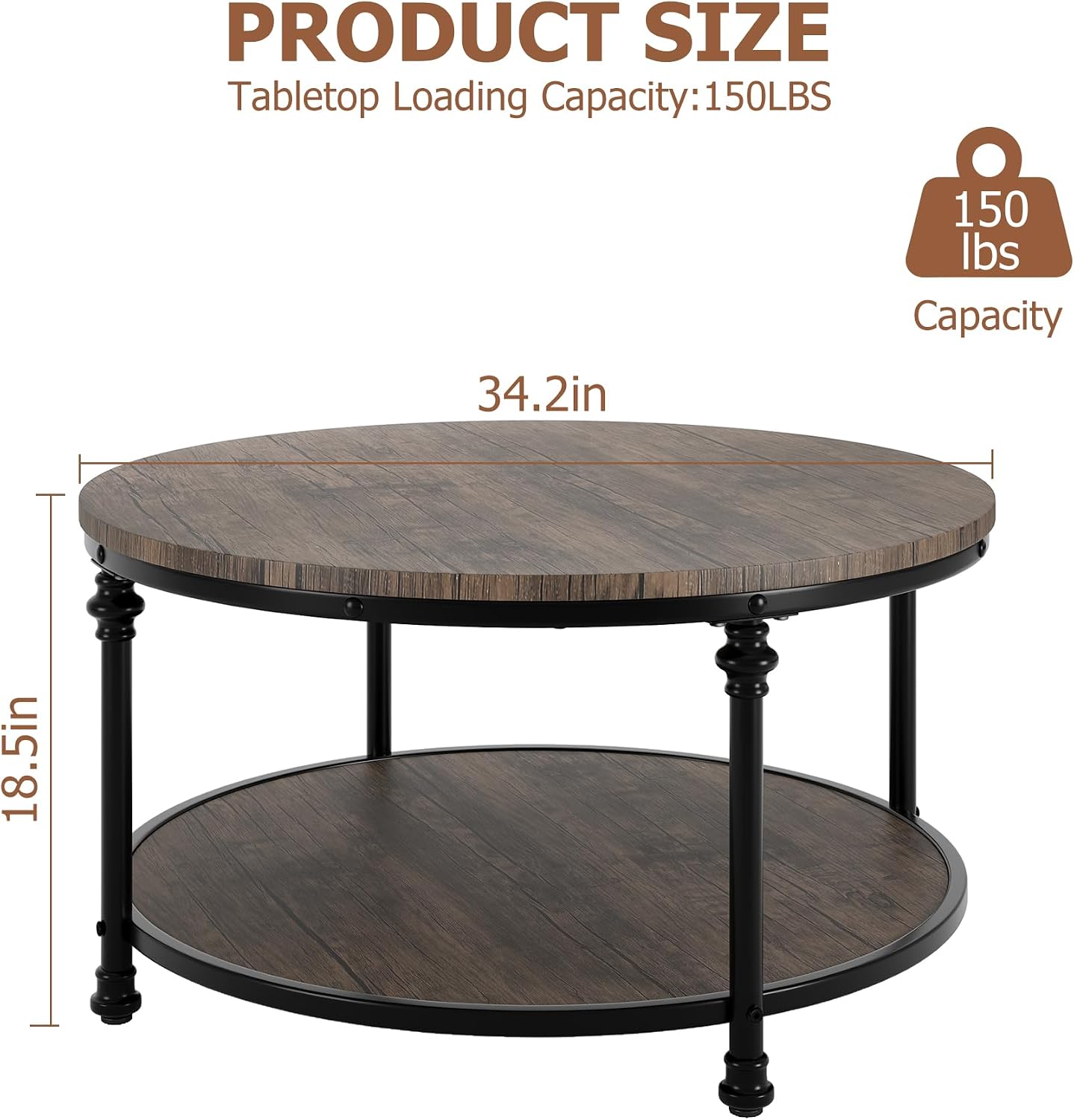 2-Tier Round Coffee Table with Storage Shelf, Rustic Wood and Metal Cocktail Table, Modern Industrial Center Table for Living Room, Apartment, Small Spaces
