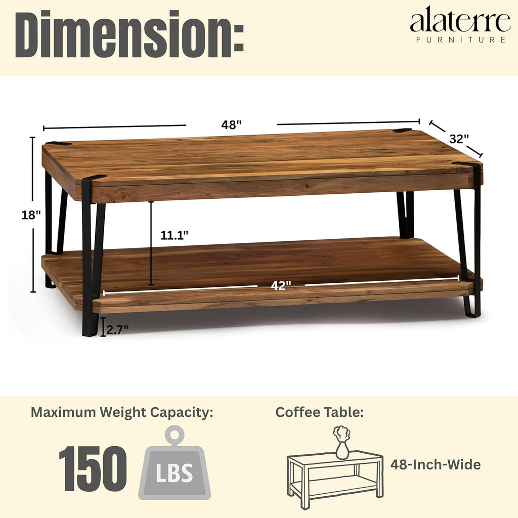Ryegate Large Coffee Table, 48 Inch Natural Solid Acacia Wood with Unique Live Edge and Metal Frame, Industrial Modern Style, Durable Construction with Clear Natural Finish, Ideal for Living Room