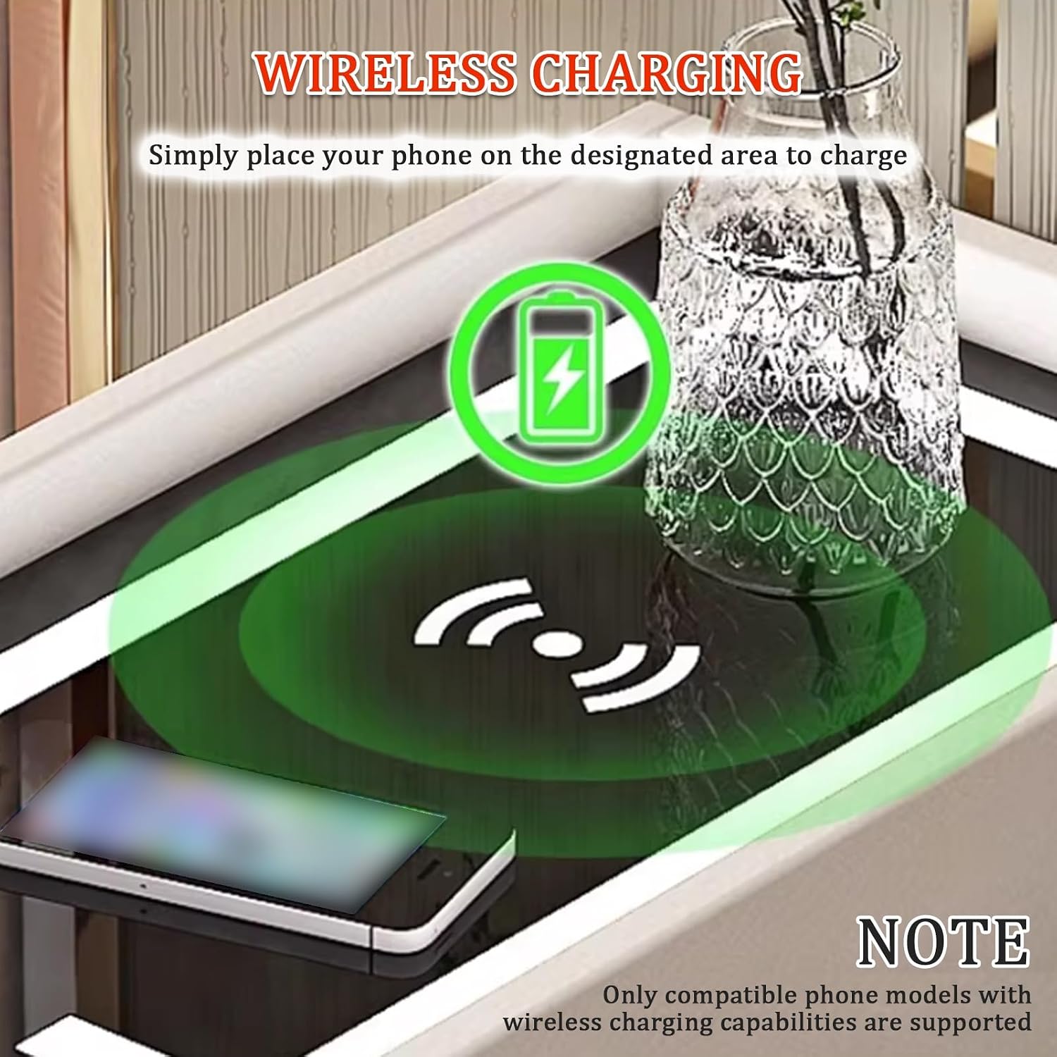 Narrow Nightstand, Smart Nightstand with Fingerprint Locks & Wireless Charging, Tempered Glass Tabletop for Valuables