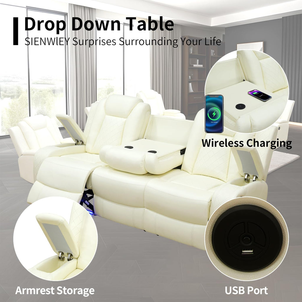 Power Leather Recliner Sofa with LED Light,84' Double Reclining Couch with Drop Down Table/USB Port/Storage Armrest,3 Seater Leather Couch for Living Room Furniture(White,3 Seater Sofa)