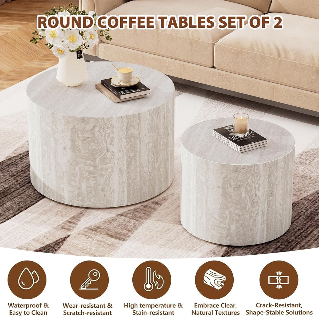 Travertine Round Coffee Table Set of 2, Nesting Coffee Tables and End Table Set Wood Small Circle Drum Side Table for Living Room, Apartment, Office, No Assembly (Travertine)