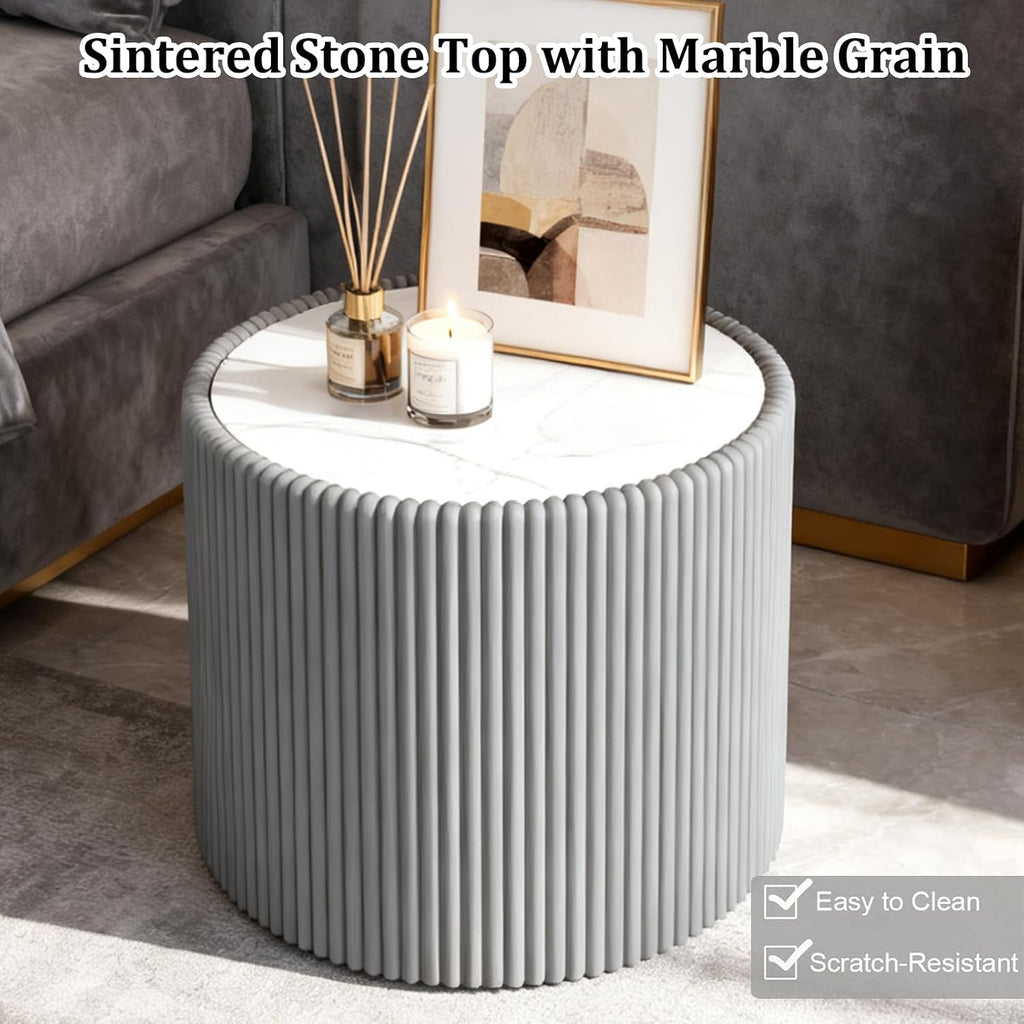 Modern Round Coffee Table Set of 2 Luxury Sintered Stone Top Coffee End Table in Black/Grey Leatherette Drum-Shape Small Coffee Side End Tables for Living Room,Fully Assembled