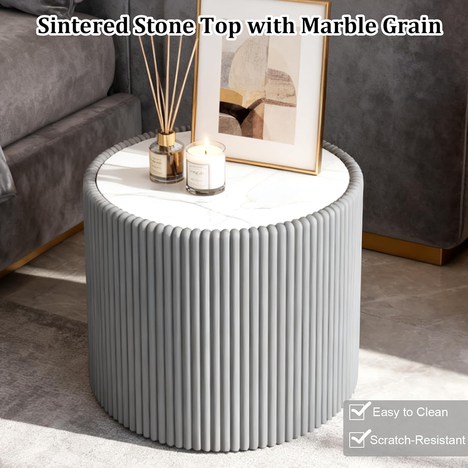 Modern Round Coffee Table Set of 2 Luxury Sintered Stone Top Coffee End Table in Black/Grey Leatherette Drum-Shape Small Coffee Side End Tables for Living Room,Fully Assembled