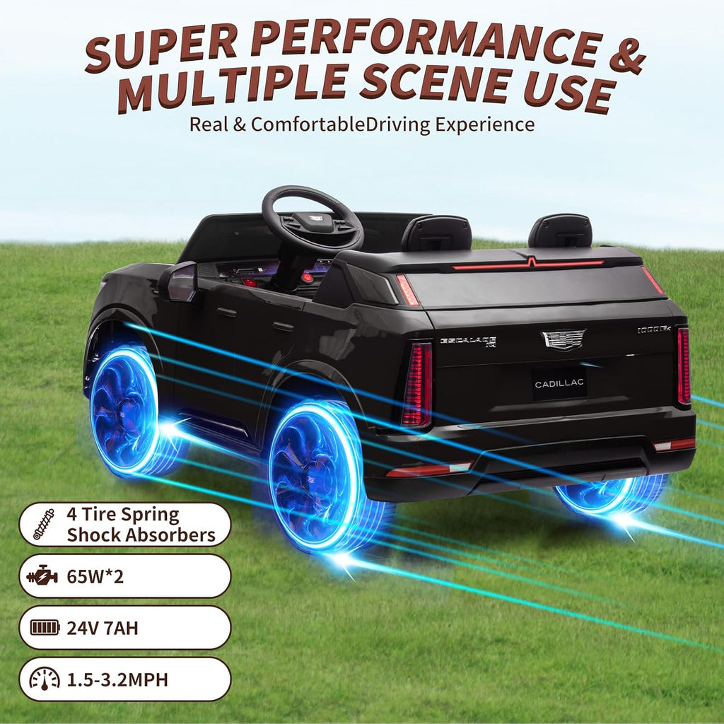 24V Ride On Car, Licensed Cadillac Battery Powered Electric Vehicle w/Remote Control, 2 Seater, 4-Wheel Shock Absorbers, Smooth Start, Music, LED Lights for Boys Girls