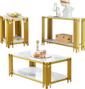 Elegant Faux Marble Coffee Table Set - Modern White Faux Marble Console, End Table Set with Gold Metal Frame