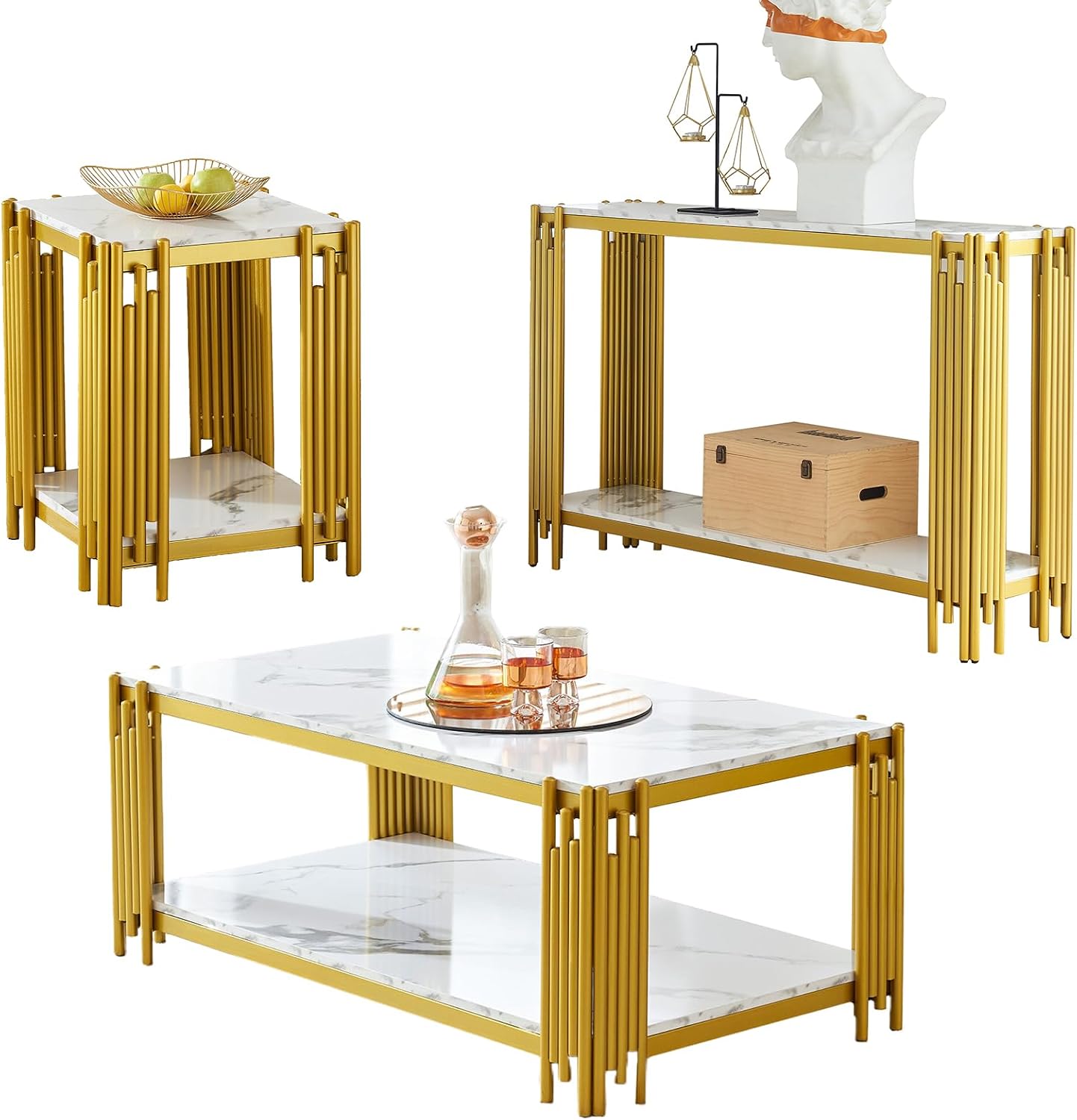 Elegant Faux Marble Coffee Table Set - Modern White Faux Marble Console, End Table Set with Gold Metal Frame